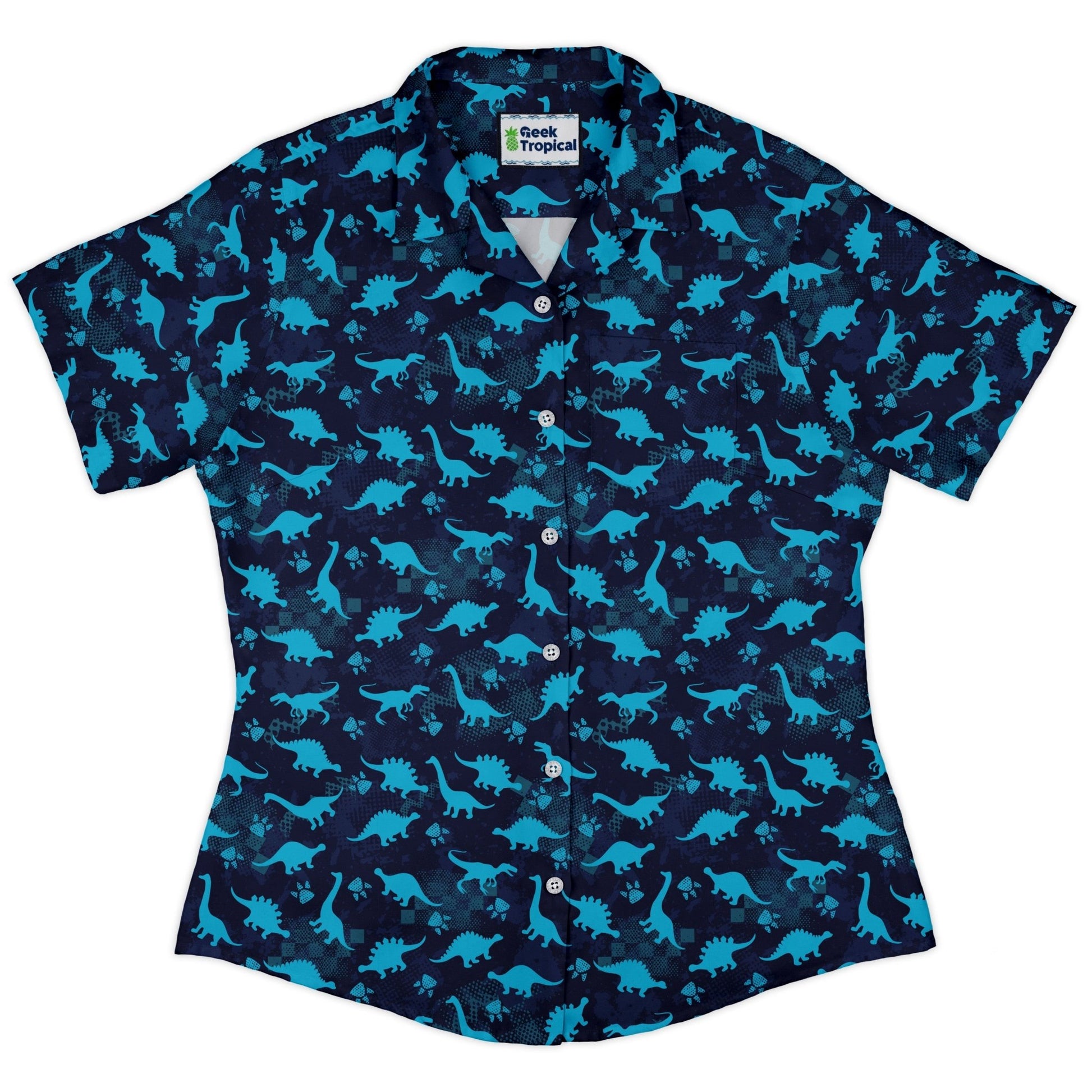 Dinosaur Urban Geometric Blue Dinosaur Curvy Button Up Shirt Geek Nerd dinosaur print women