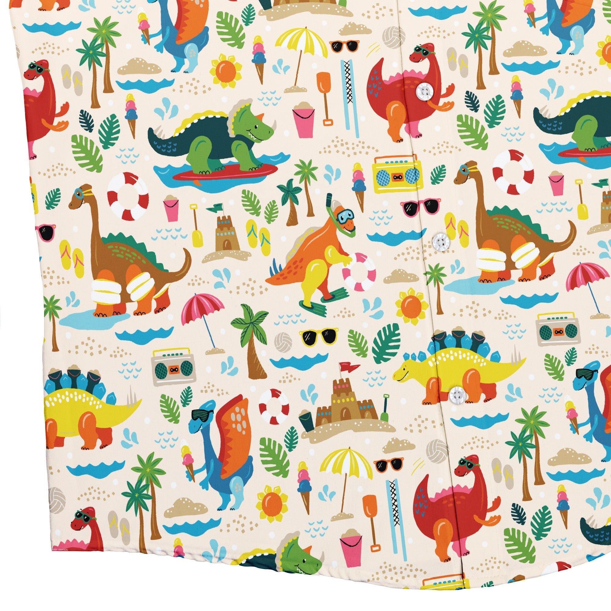 Dinosaur Beach Party Button Up Shirt Geek Nerd adult sizing Design by Zirkus Design dinosaur print