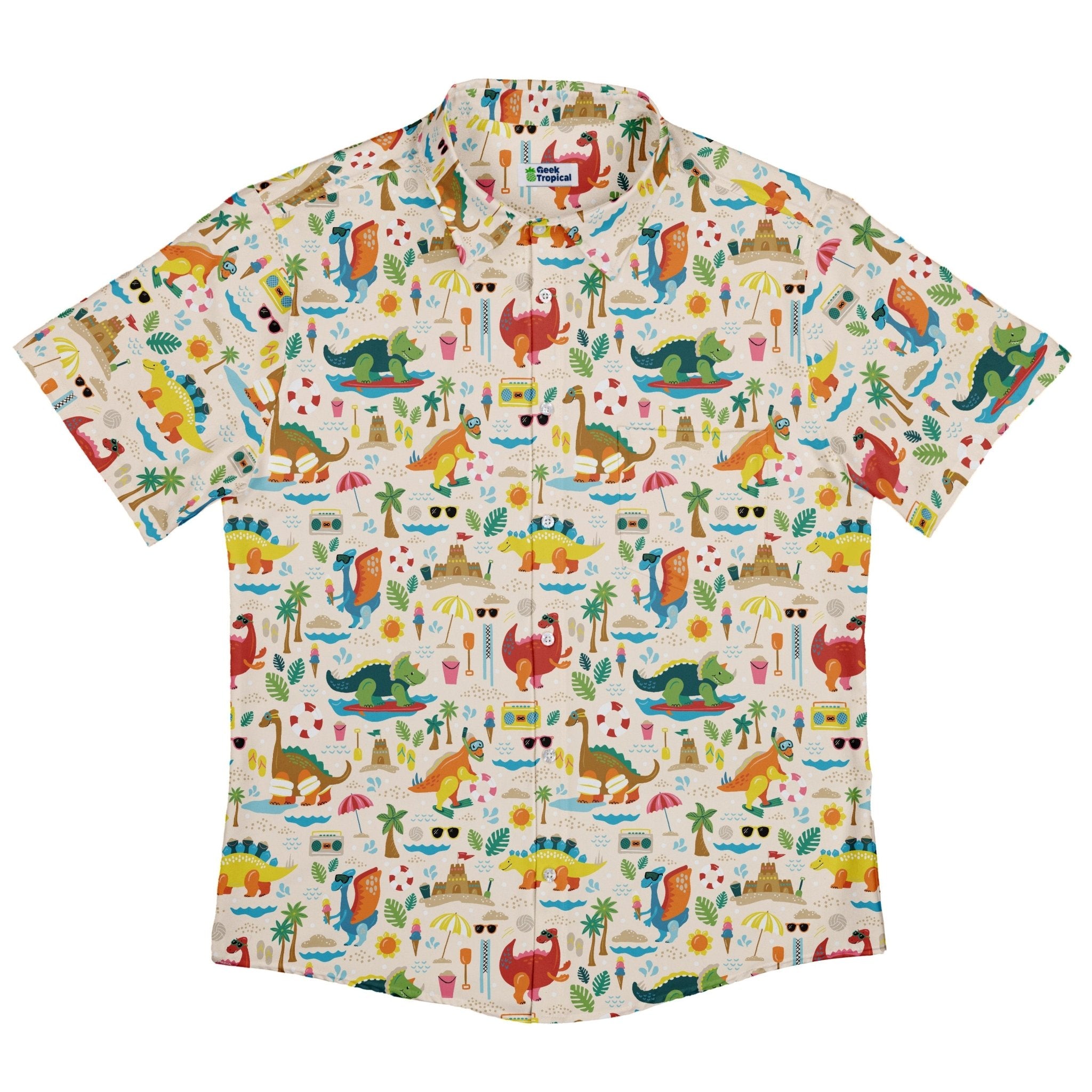 Dinosaur Beach Party Button Up Shirt Geek Nerd adult sizing Design by Zirkus Design dinosaur print