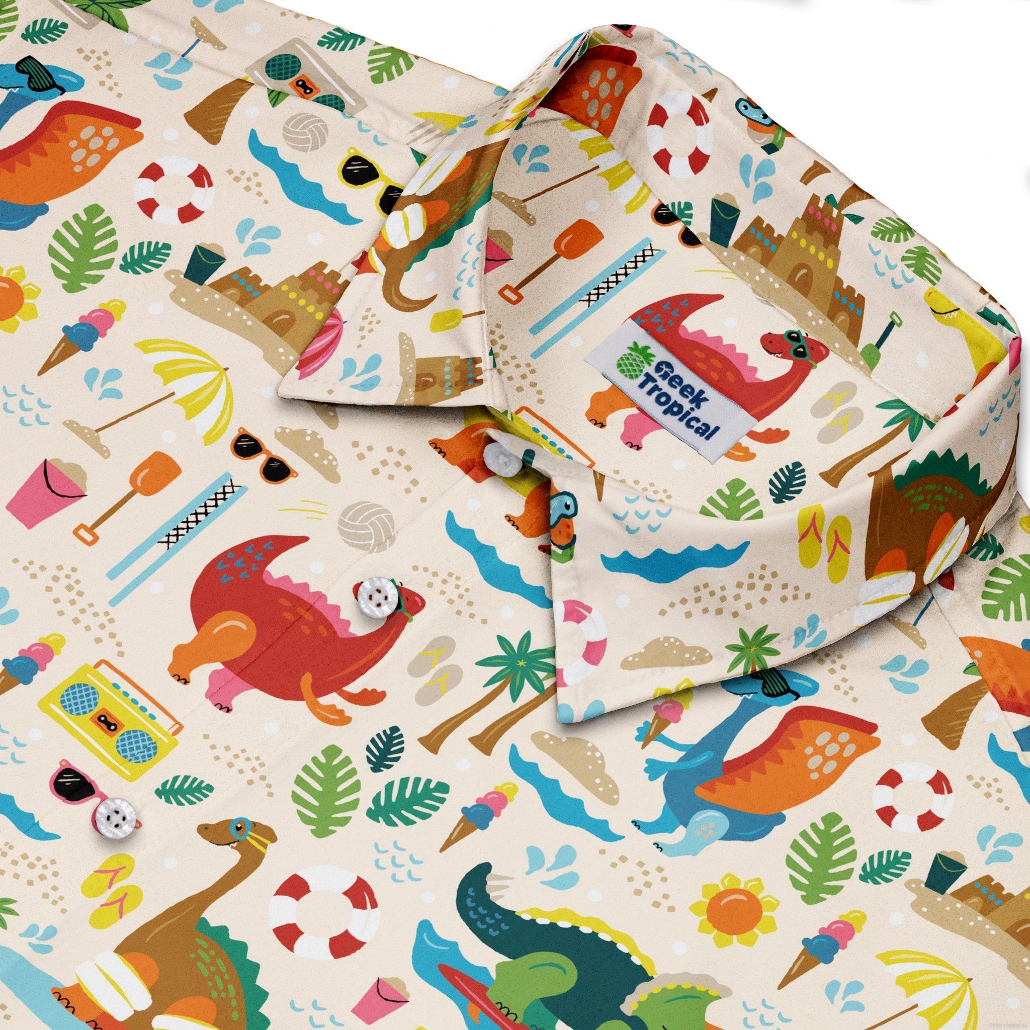 Dinosaur Beach Party Button Up Shirt Geek Nerd adult sizing Design by Zirkus Design dinosaur print