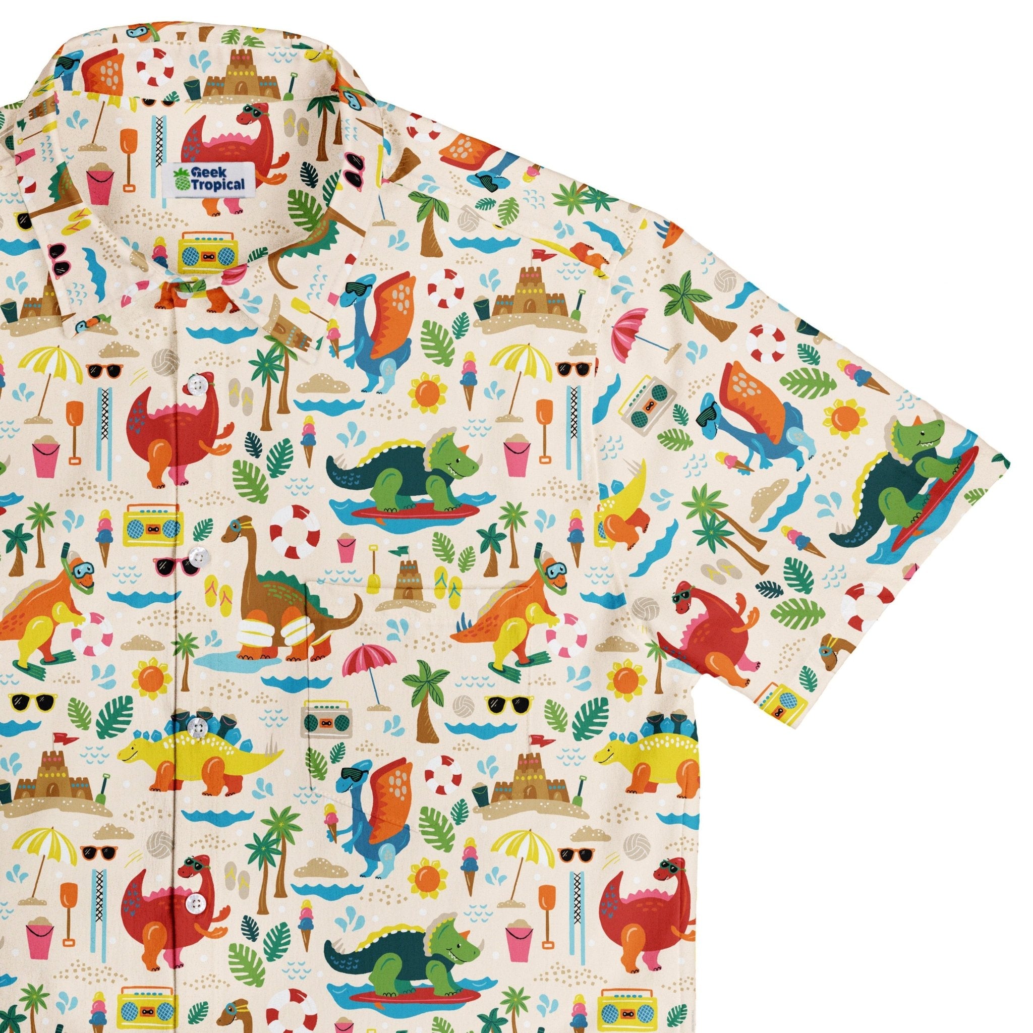 Dinosaur Beach Party Button Up Shirt Geek Nerd adult sizing Design by Zirkus Design dinosaur print