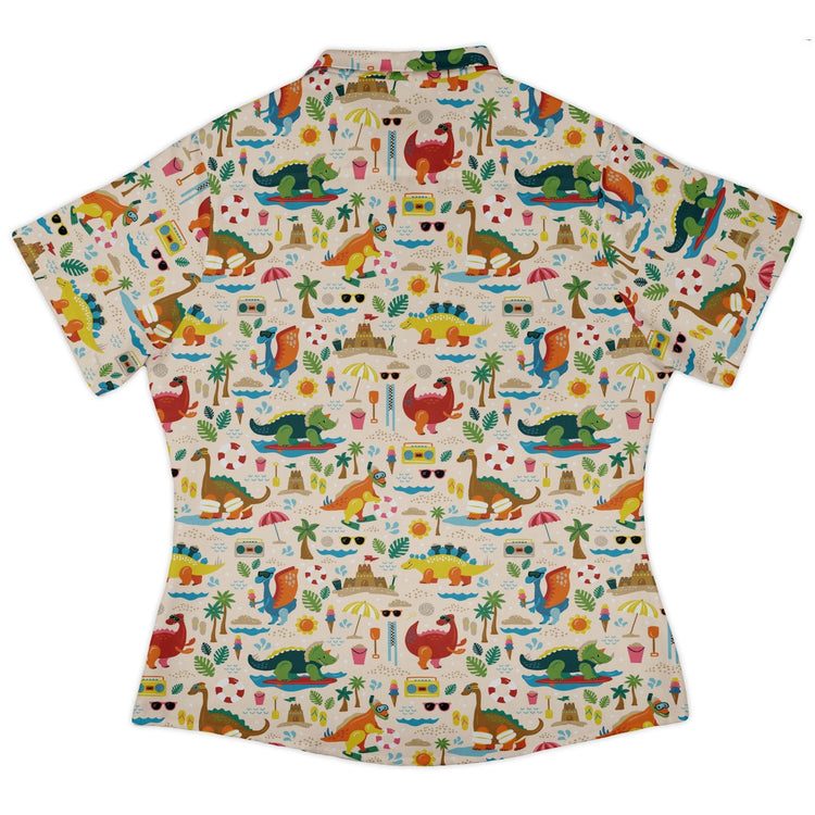 Dinosaur Beach Party Curvy Button Up Shirt Geek Nerd Design by Zirkus Design dinosaur print q225