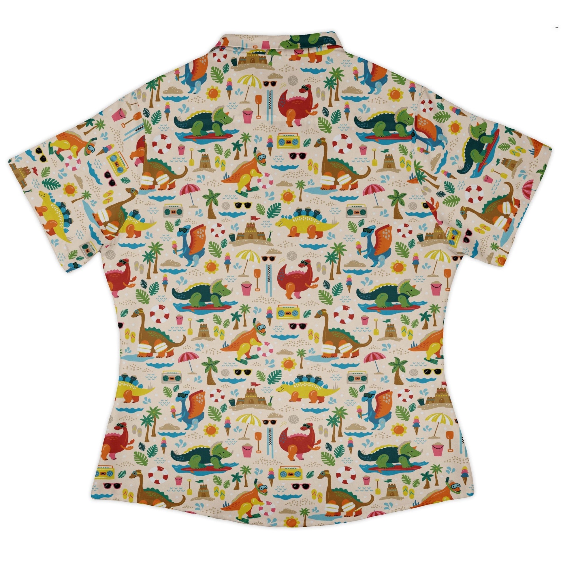 Dinosaur Beach Party Curvy Button Up Shirt Geek Nerd Design by Zirkus Design dinosaur print q225