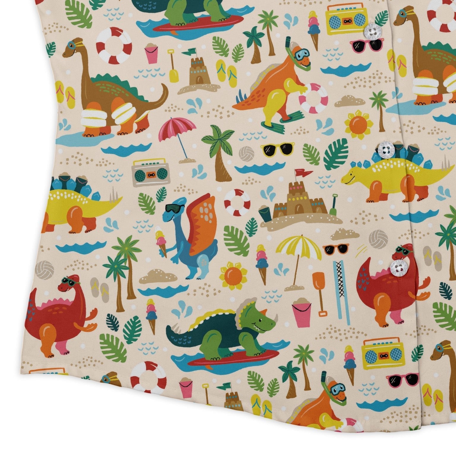 Dinosaur Beach Party Curvy Button Up Shirt Geek Nerd Design by Zirkus Design dinosaur print q225