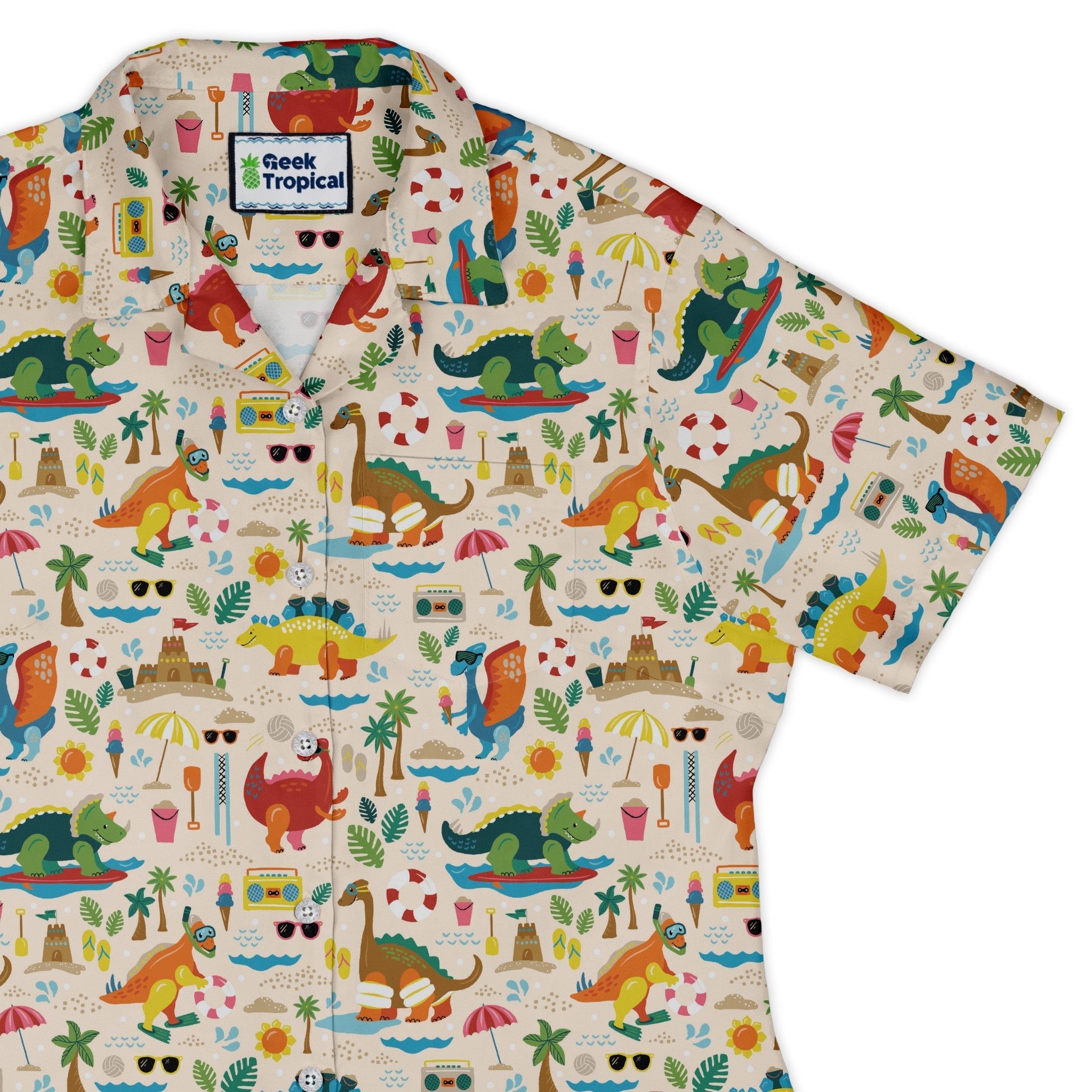 Dinosaur Beach Party Curvy Button Up Shirt Geek Nerd Design by Zirkus Design dinosaur print q225