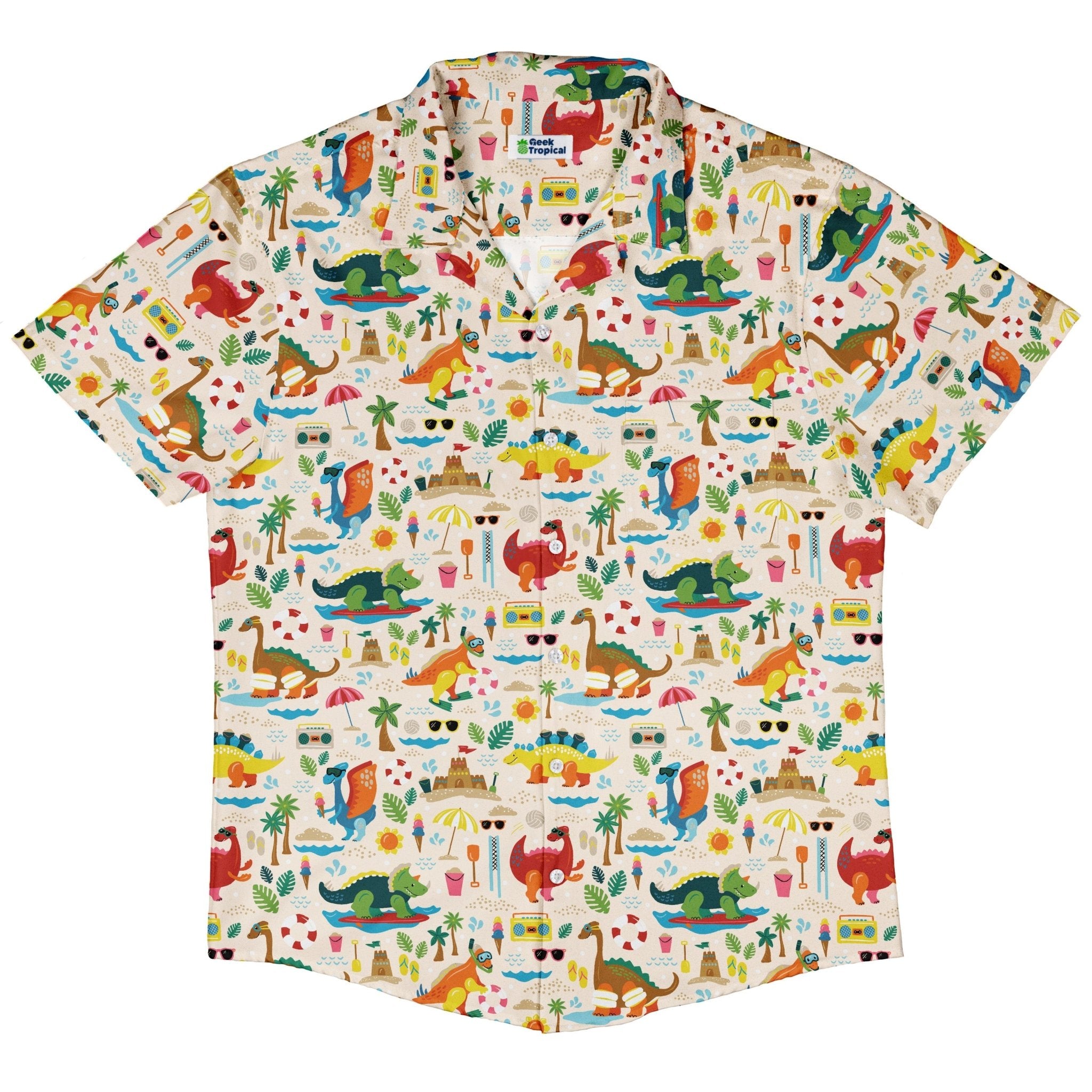 Dinosaur Beach Party Button Up Shirt Geek Nerd adult sizing Design by Zirkus Design dinosaur print