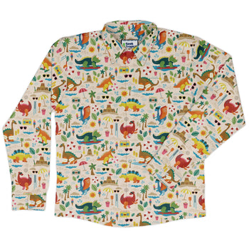 Dinosaur beach party Long Sleeve Button Up Shirt Geek Nerd adult sizing Design by Zirkus Design dinosaur print