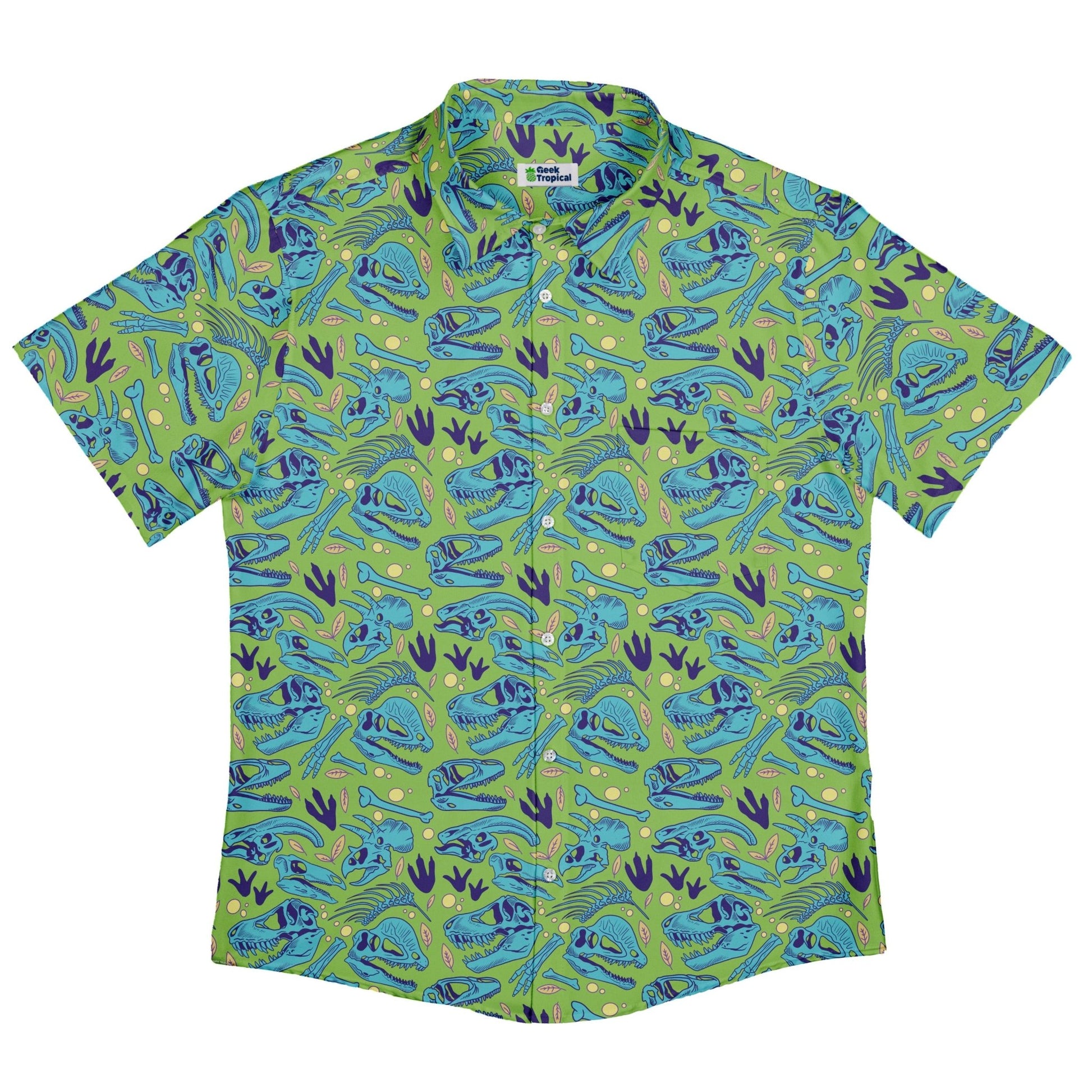 Dinosaur Bone Digs Button Up Shirt Geek Nerd adult sizing Design by Julie Kitzes dinosaur print