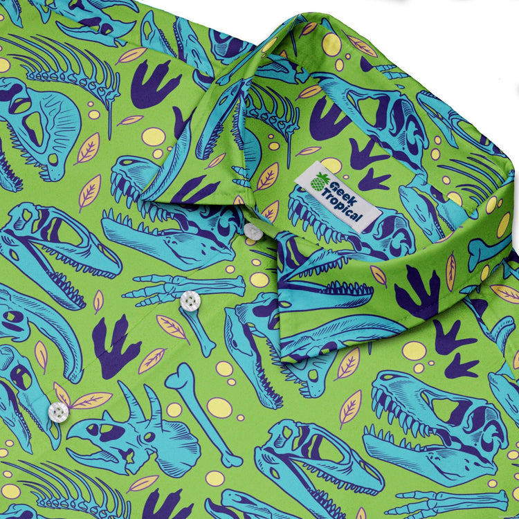 Dinosaur Bone Digs Button Up Shirt Geek Nerd adult sizing Design by Julie Kitzes dinosaur print