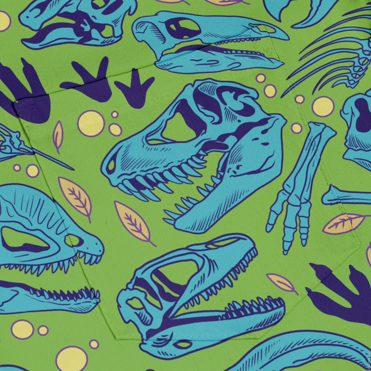 Dinosaur Bone Digs Button Up Shirt Geek Nerd adult sizing Design by Julie Kitzes dinosaur print