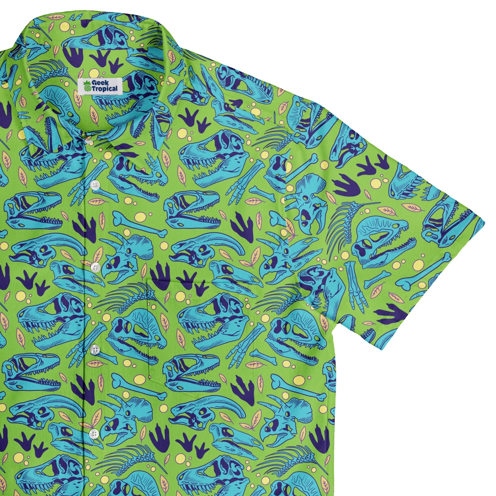 Dinosaur Bone Digs Button Up Shirt Geek Nerd adult sizing Design by Julie Kitzes dinosaur print