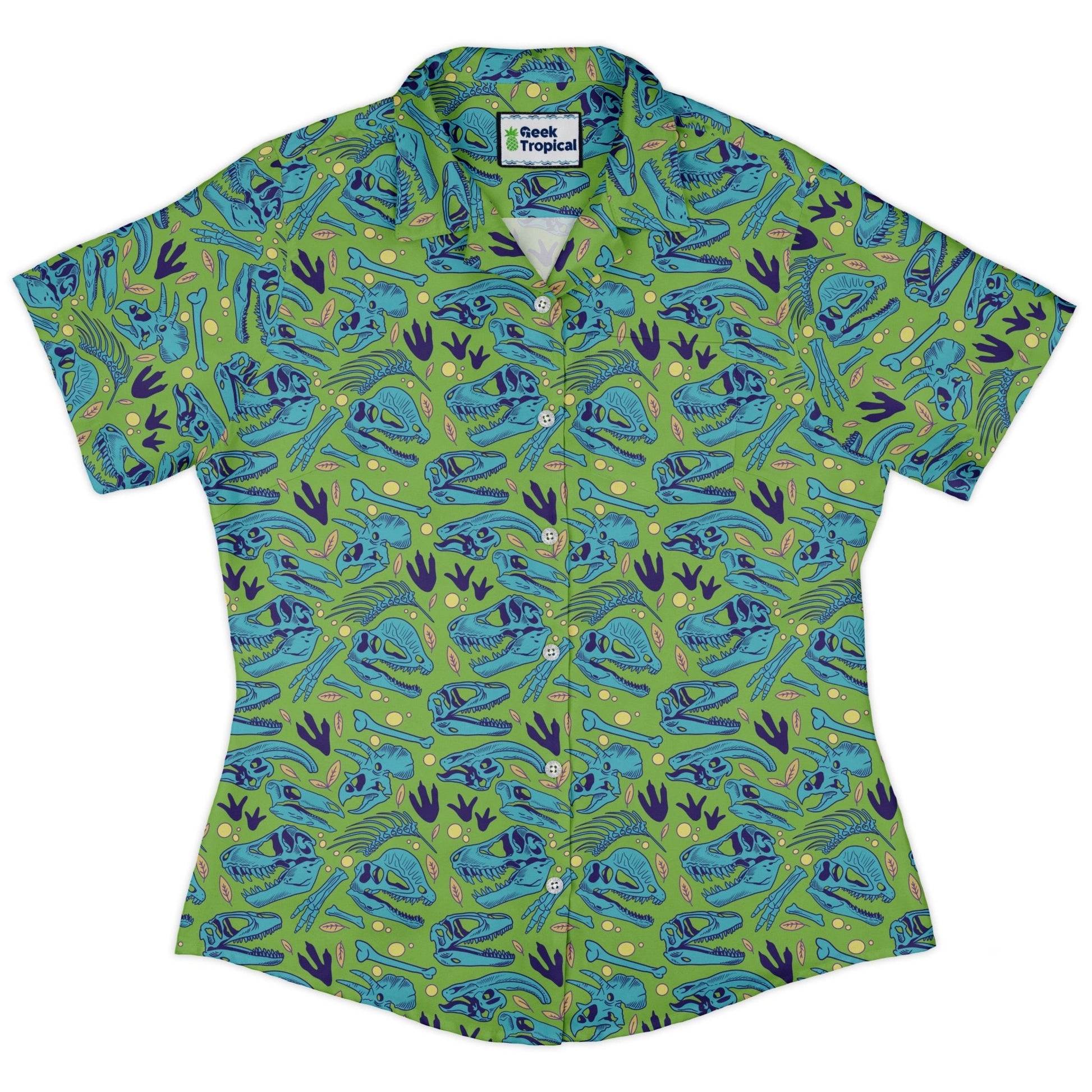 Dinosaur Bone Digs Curvy Button Up Shirt Geek Nerd Design by Julie Kitzes dinosaur print funny prints