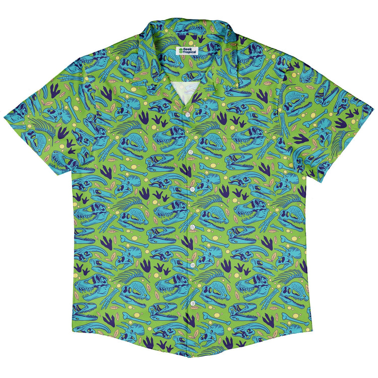 Dinosaur Bone Digs Button Up Shirt Geek Nerd adult sizing Design by Julie Kitzes dinosaur print