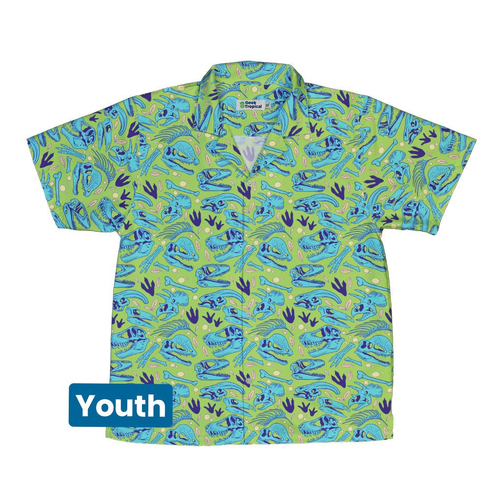 Dinosaur Bone Digs Youth Hawaiian Shirt Geek Nerd Design by Julie Kitzes dinosaur print funny prints