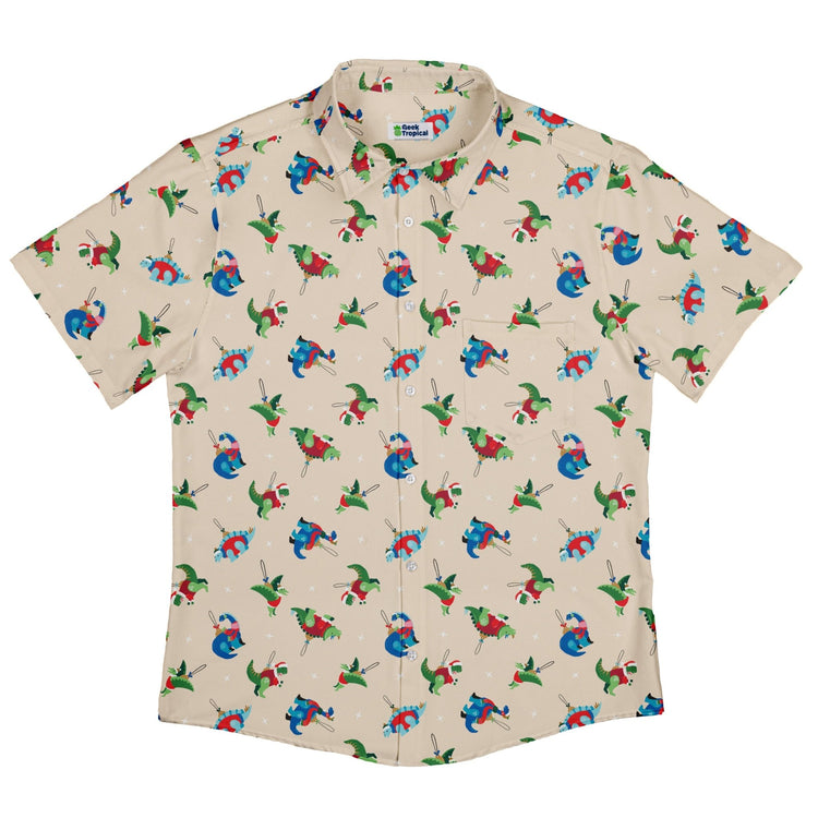 Dinosaur Ornaments Button Up Shirt Geek Nerd adult sizing christmas print Design by Zirkus Design