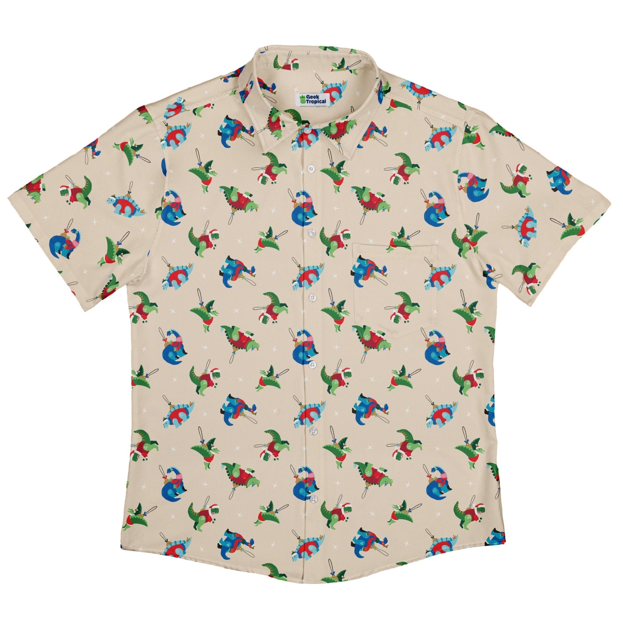 Dinosaur Ornaments Button Up Shirt Geek Nerd adult sizing christmas print Design by Zirkus Design
