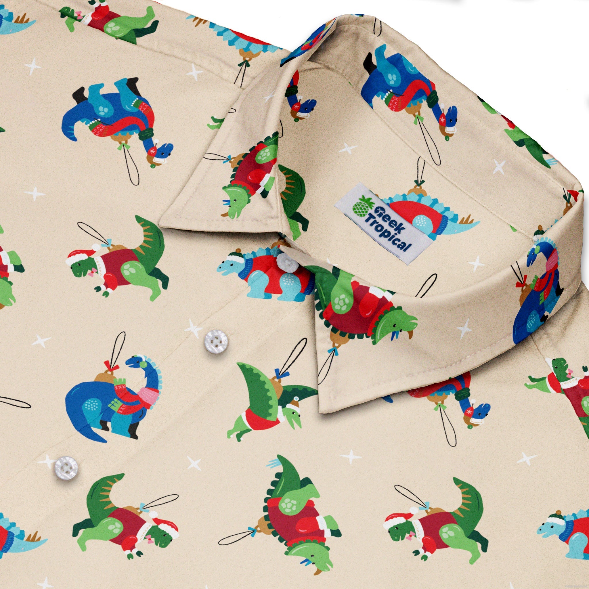 Dinosaur Ornaments Button Up Shirt Geek Nerd adult sizing christmas print Design by Zirkus Design