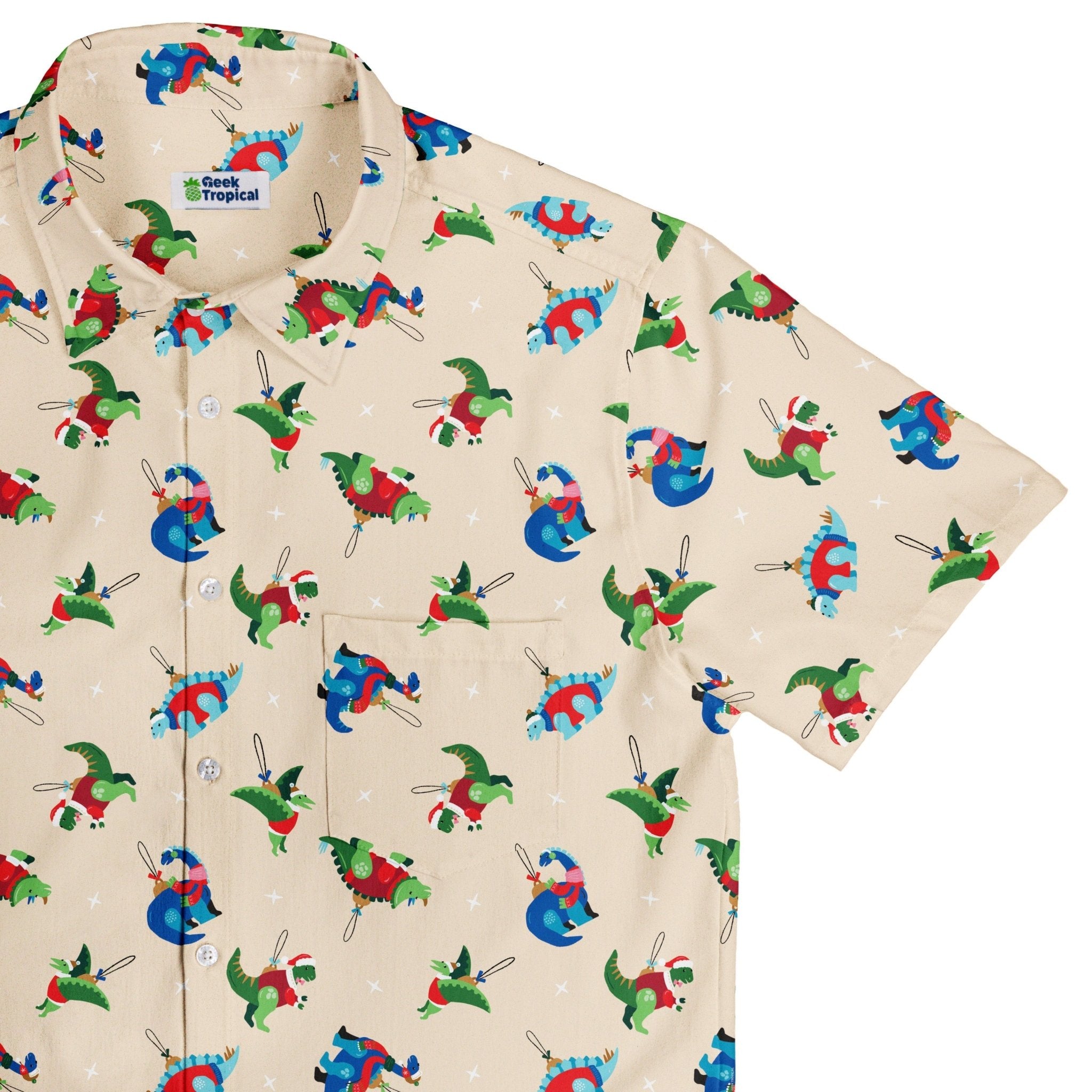 Dinosaur Ornaments Button Up Shirt Geek Nerd adult sizing christmas print Design by Zirkus Design