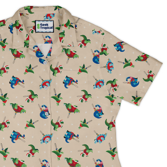 Dinosaur Ornaments Curvy Button Up Shirt Geek Nerd christmas print Design by Zirkus Design dinosaur print