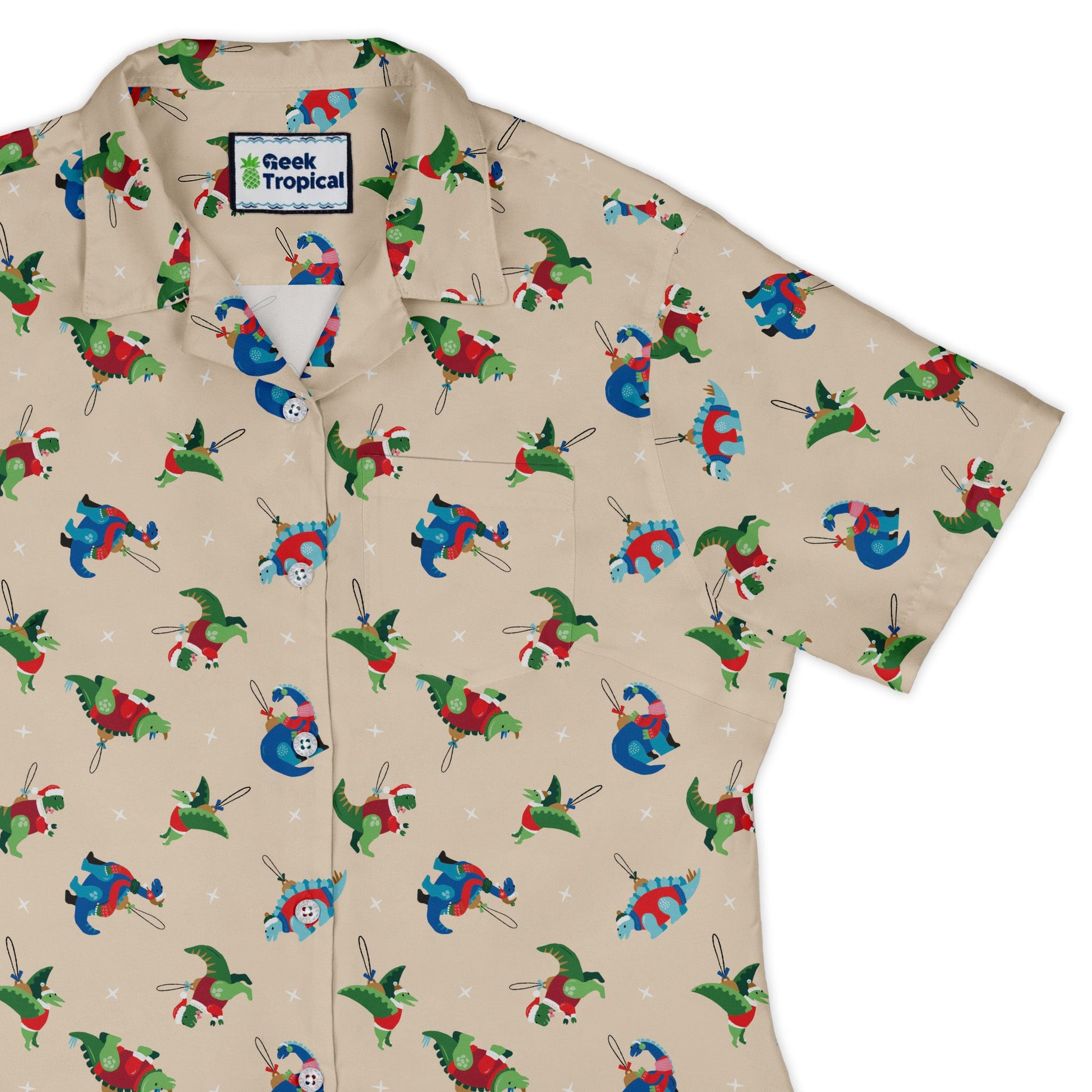 Dinosaur Ornaments Curvy Button Up Shirt Geek Nerd christmas print Design by Zirkus Design dinosaur print