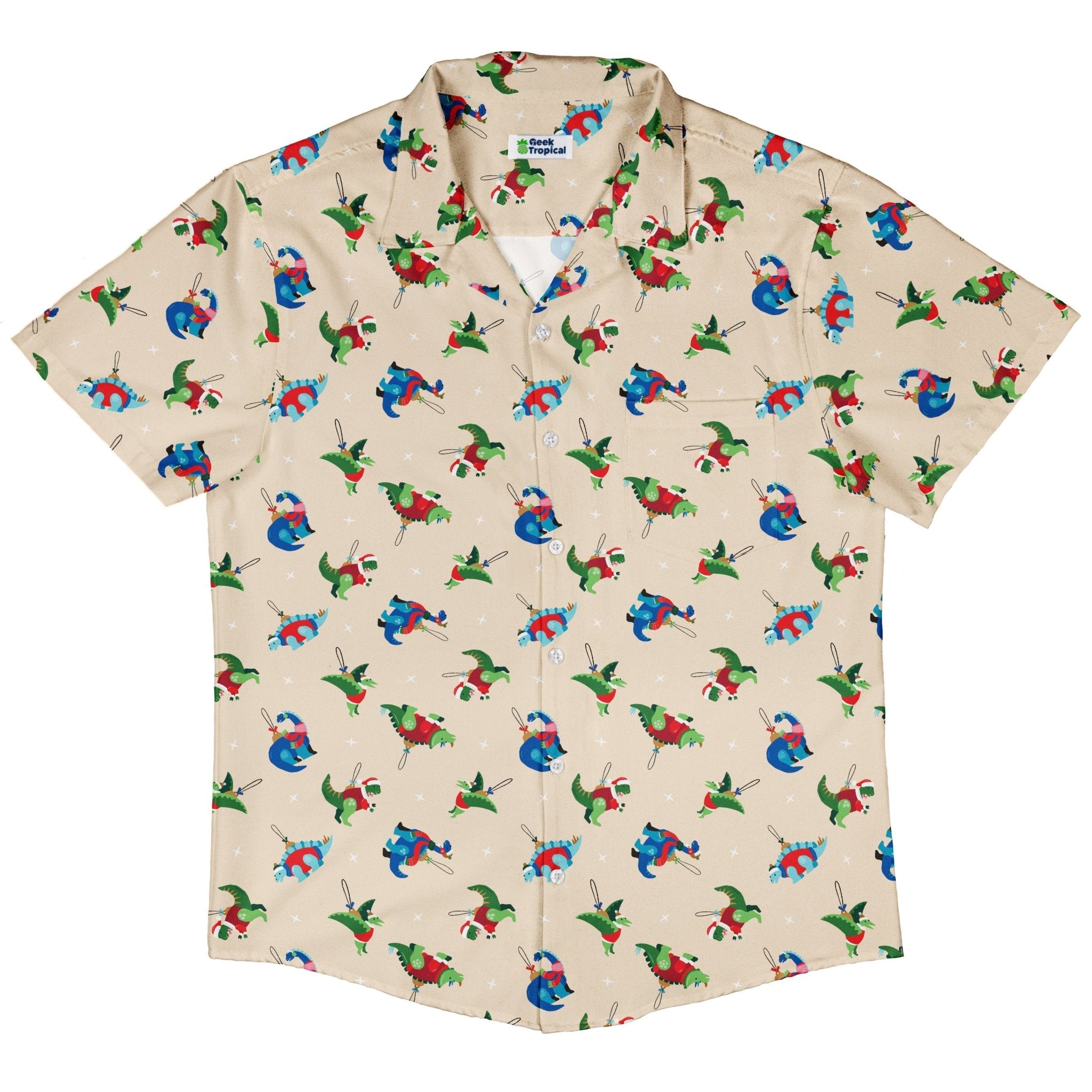 Dinosaur Ornaments Button Up Shirt Geek Nerd adult sizing christmas print Design by Zirkus Design