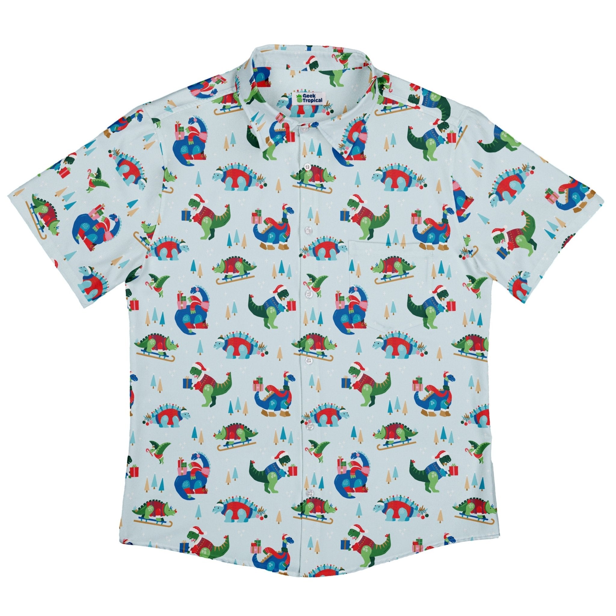 Dinosaur Wonderful Winter Button Up Shirt Geek Nerd adult sizing christmas print Design by Zirkus Design