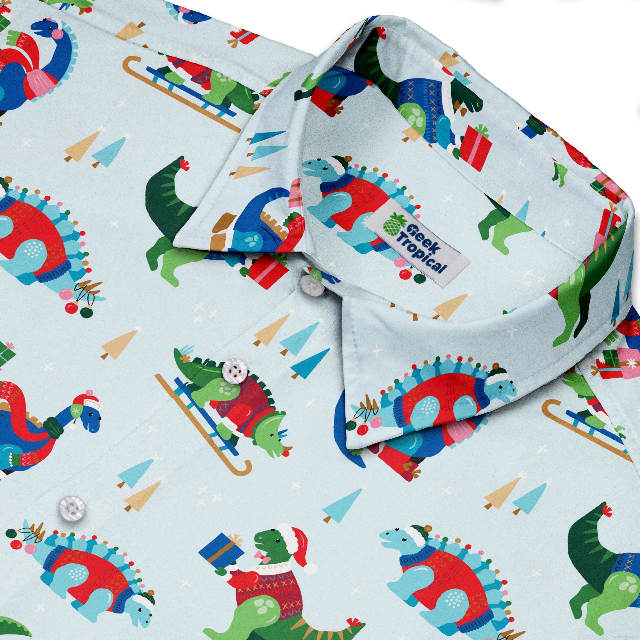Dinosaur Wonderful Winter Button Up Shirt Geek Nerd adult sizing christmas print Design by Zirkus Design