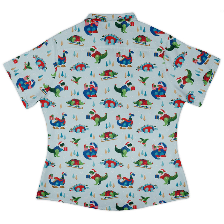 Dinosaur Wonderful Winter Curvy Button Up Shirt Geek Nerd christmas print Design by Zirkus Design dinosaur print