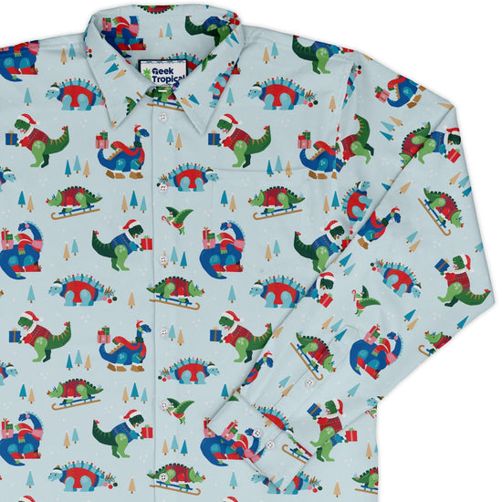 Dinosaur wonderful winter Long Sleeve Button Up Shirt Geek Nerd adult sizing christmas print Design by Zirkus Design