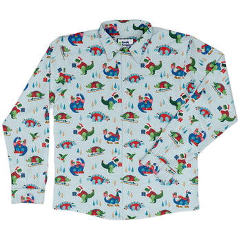 Dinosaur wonderful winter Long Sleeve Button Up Shirt Geek Nerd adult sizing christmas print Design by Zirkus Design