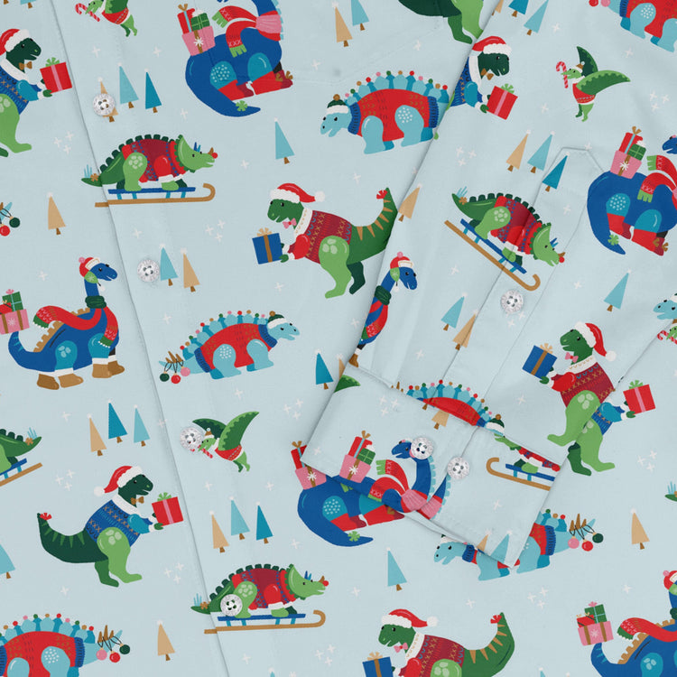 Dinosaur wonderful winter Long Sleeve Button Up Shirt Geek Nerd adult sizing christmas print Design by Zirkus Design