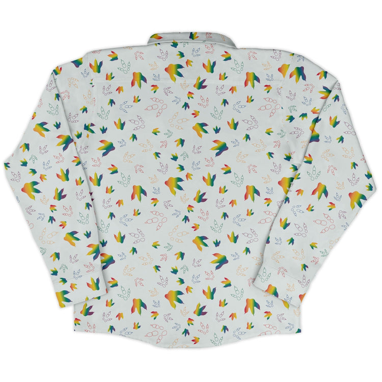 Dinosaur Footprints Rainbow Long Sleeve Button Up Shirt Geek Nerd adult sizing dinosaur print FLOW DESC WRITING