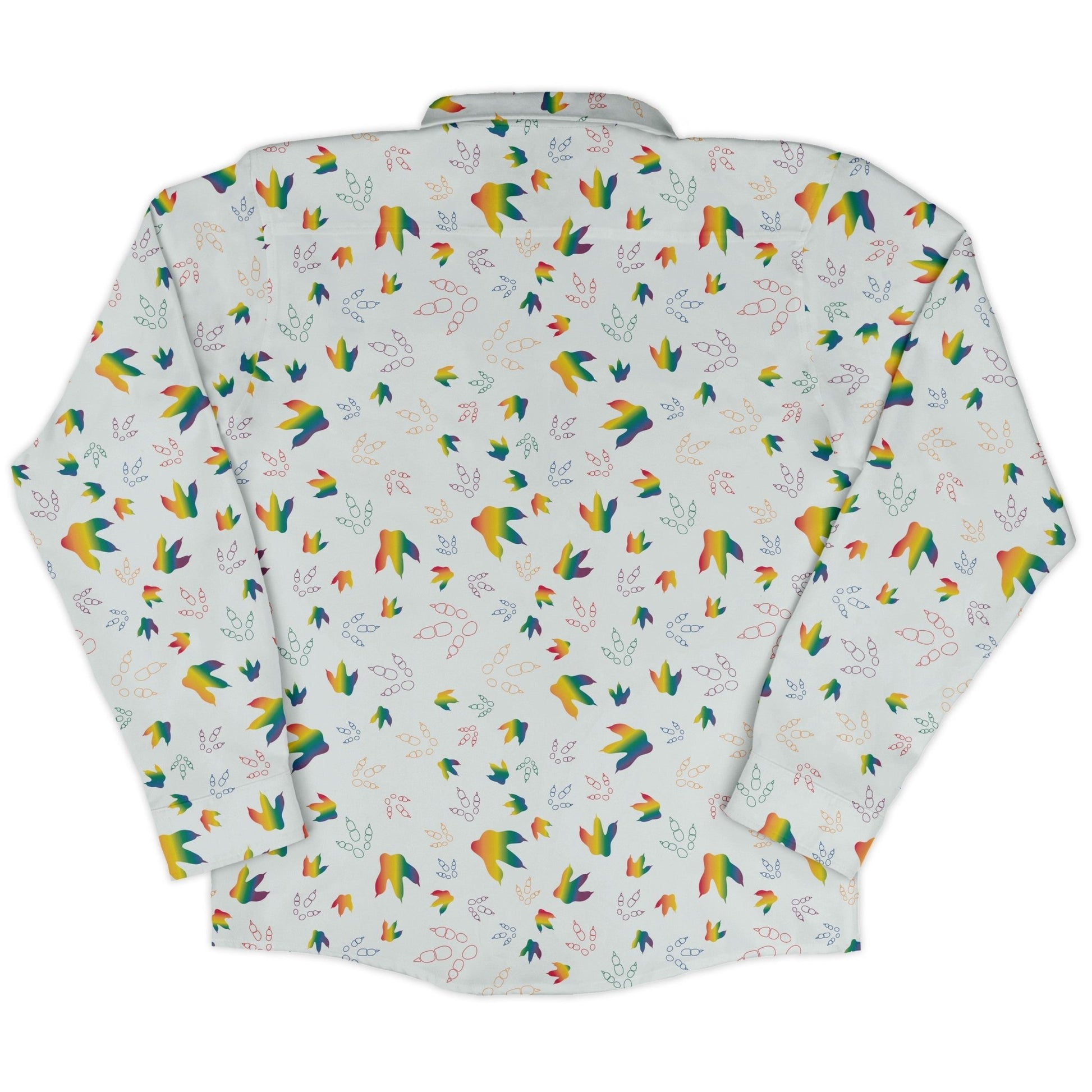 Dinosaur Footprints Rainbow Long Sleeve Button Up Shirt Geek Nerd adult sizing dinosaur print FLOW DESC WRITING