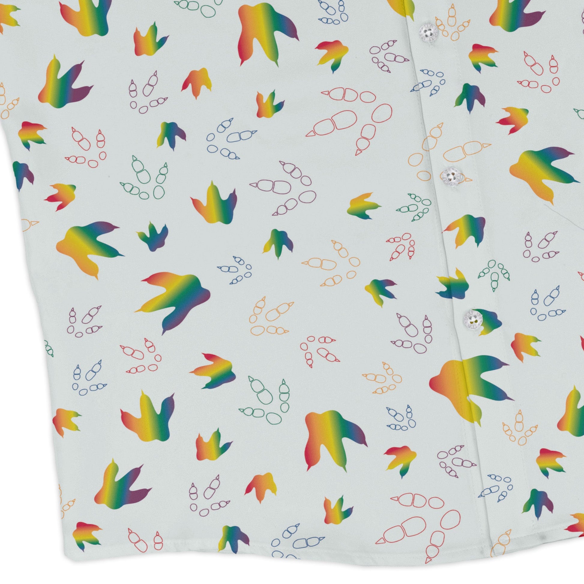 Dinosaur Footprints Rainbow Long Sleeve Button Up Shirt Geek Nerd adult sizing dinosaur print FLOW DESC WRITING