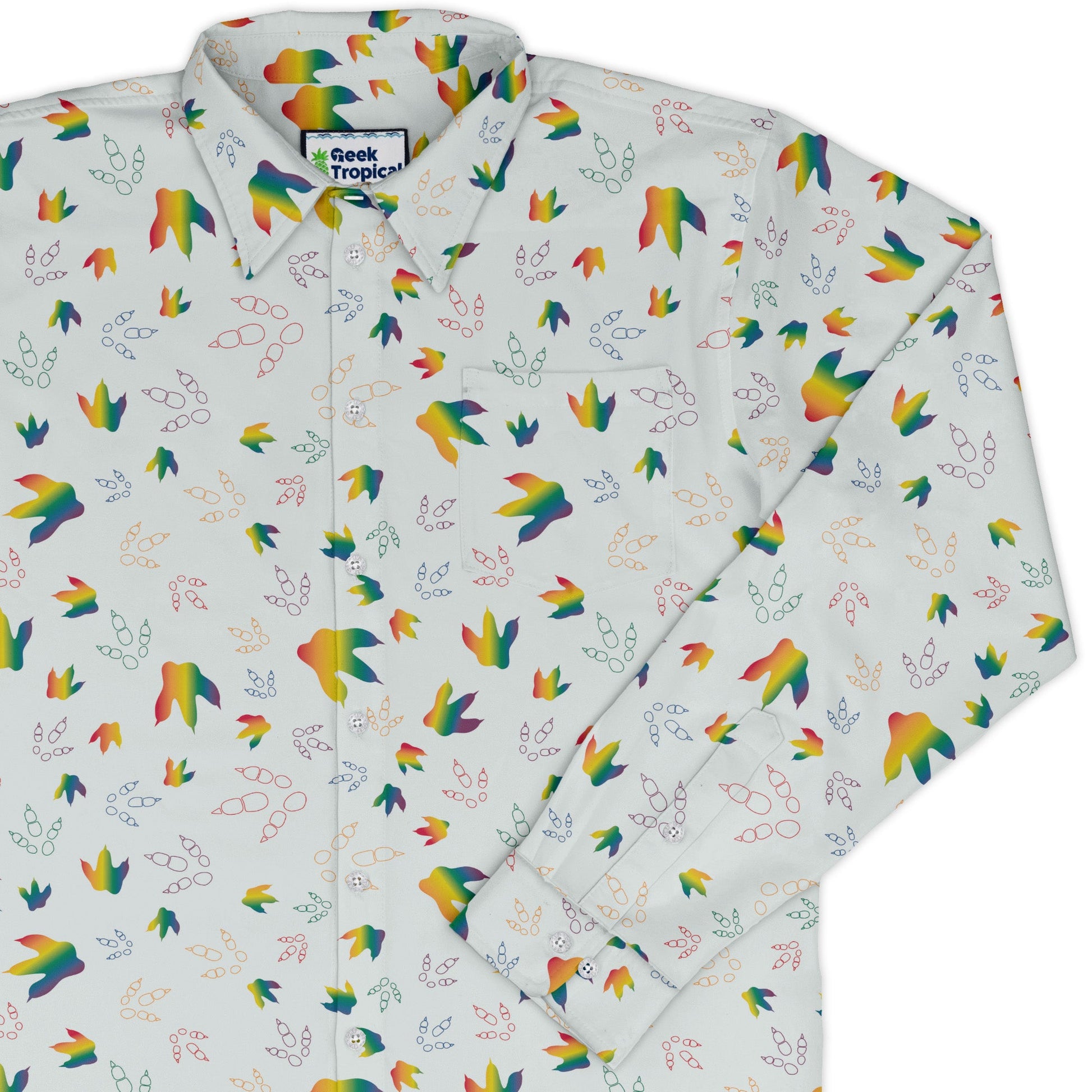 Dinosaur Footprints Rainbow Long Sleeve Button Up Shirt Geek Nerd adult sizing dinosaur print FLOW DESC WRITING