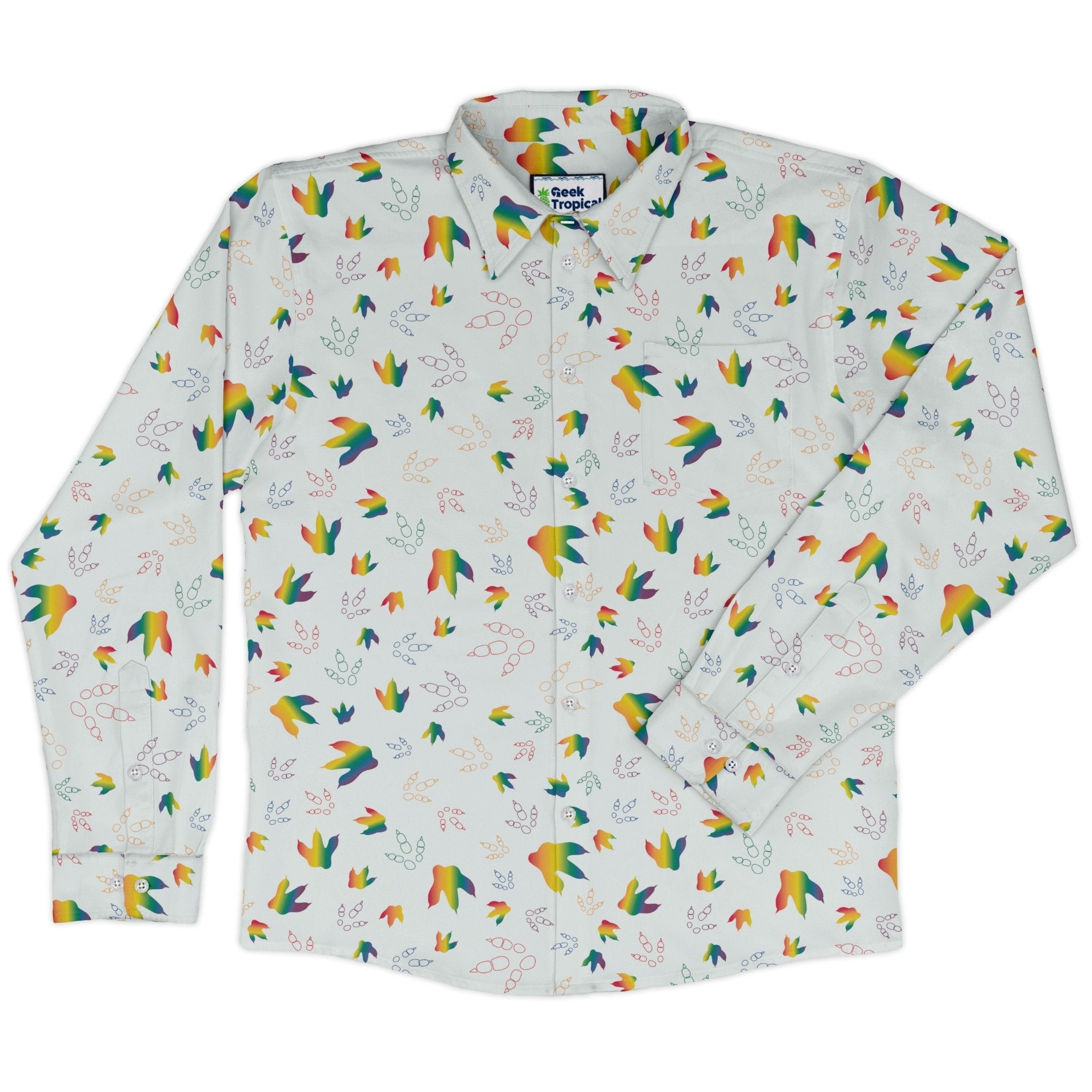 Dinosaur Footprints Rainbow Long Sleeve Button Up Shirt Geek Nerd adult sizing dinosaur print FLOW DESC WRITING