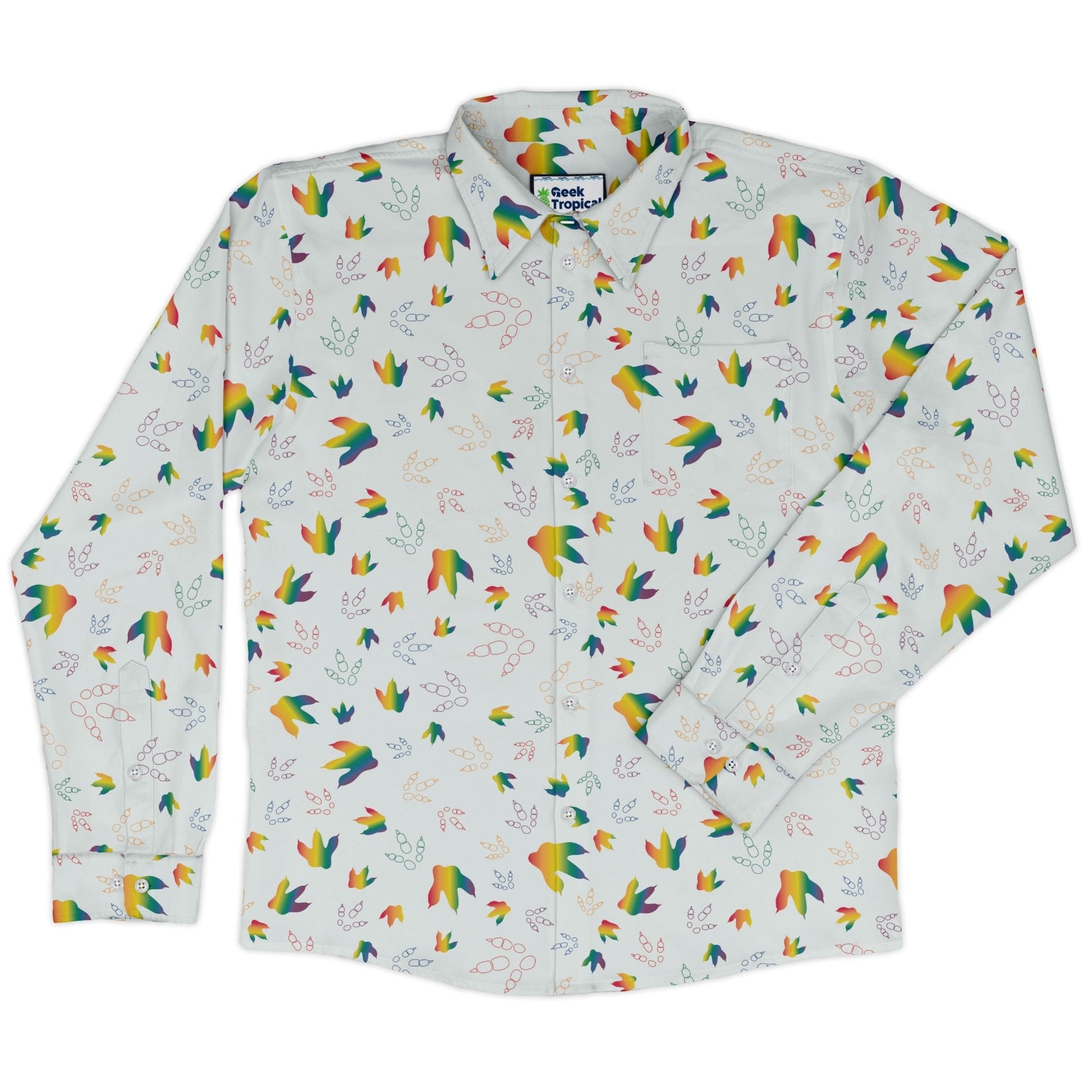 Dinosaur Footprints Rainbow Long Sleeve Button Up Shirt Geek Nerd adult sizing dinosaur print FLOW DESC WRITING