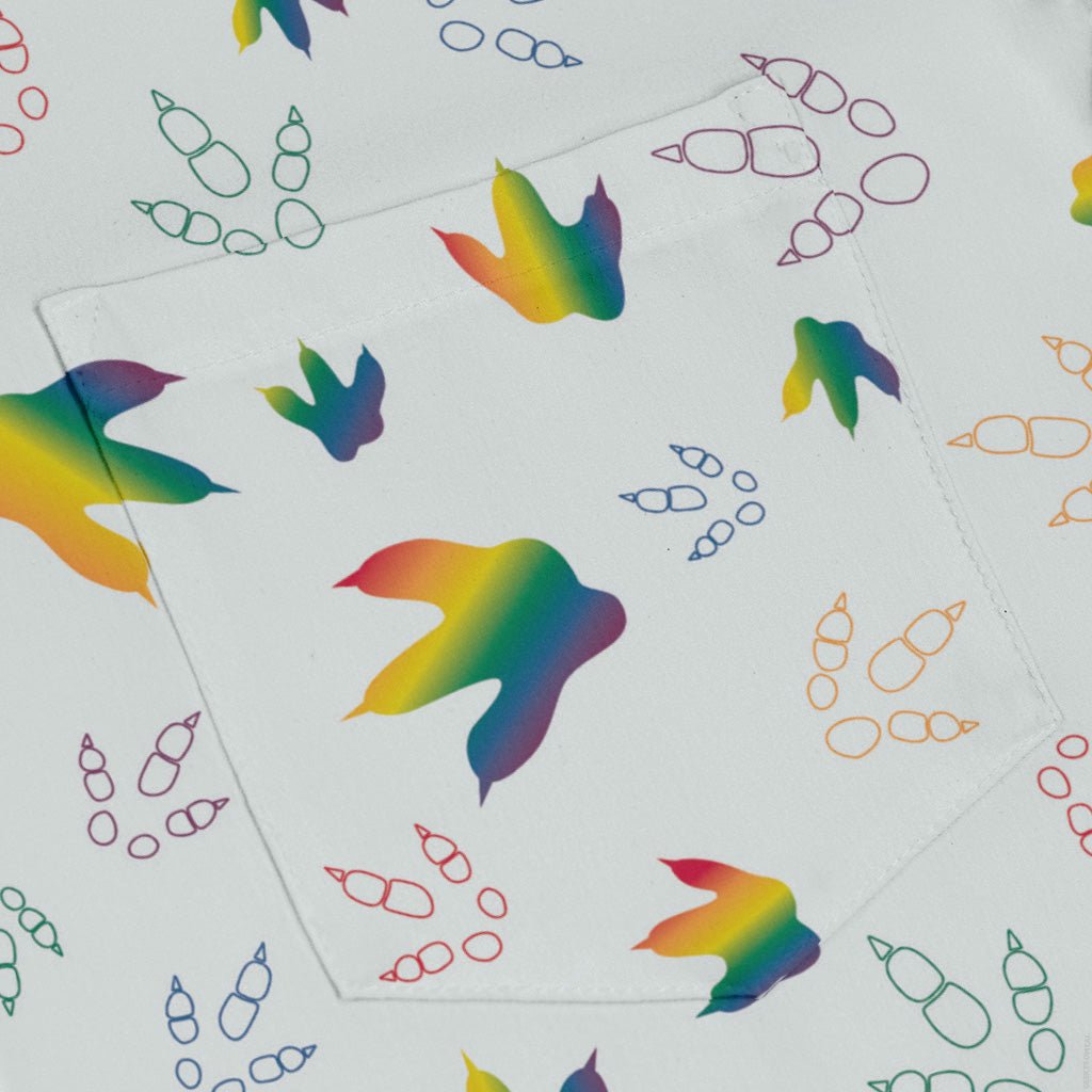 Dinosaur Footprints Rainbow Long Sleeve Button Up Shirt Geek Nerd adult sizing dinosaur print FLOW DESC WRITING
