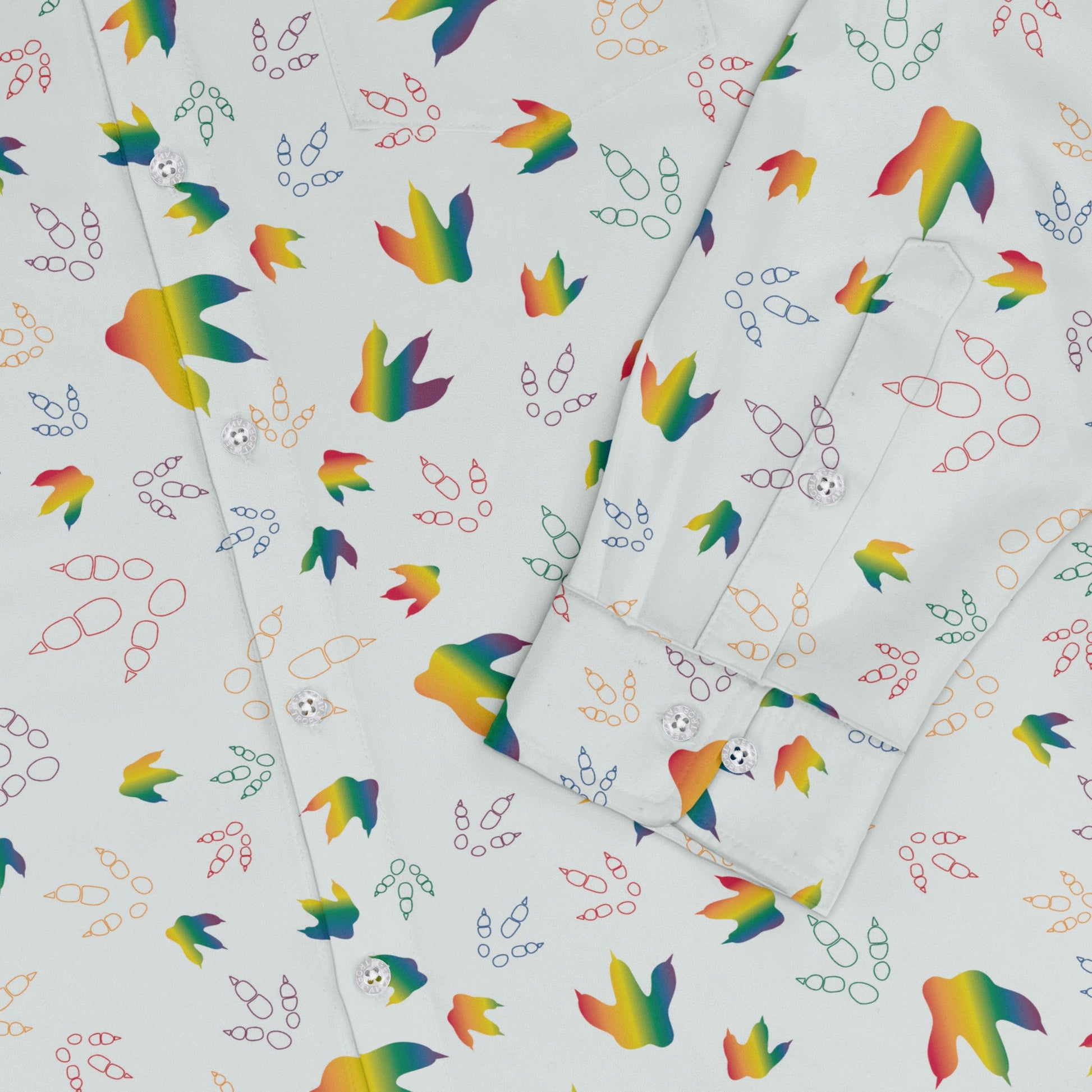 Dinosaur Footprints Rainbow Long Sleeve Button Up Shirt Geek Nerd adult sizing dinosaur print FLOW DESC WRITING