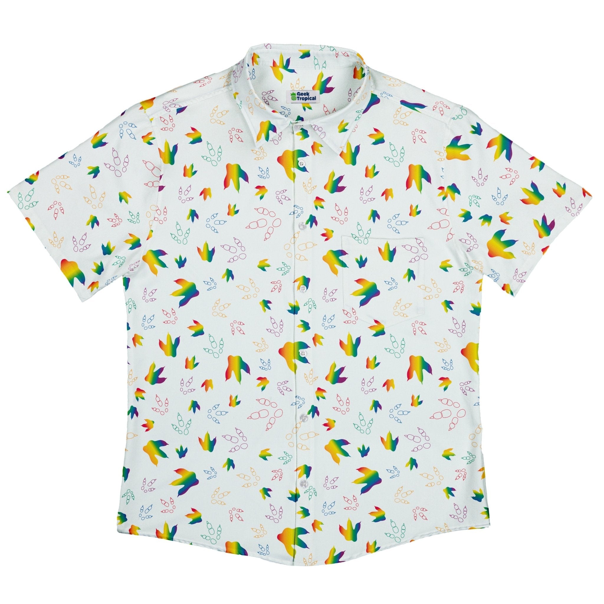 Dinosaur Footprints Rainbow Button Up Shirt - adult sizing - dinosaur print - Pride Patterns