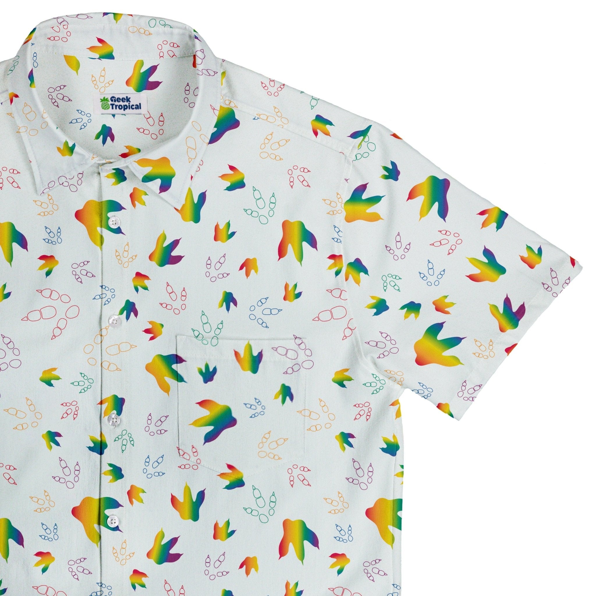 Dinosaur Footprints Rainbow Button Up Shirt - adult sizing - dinosaur print - Pride Patterns