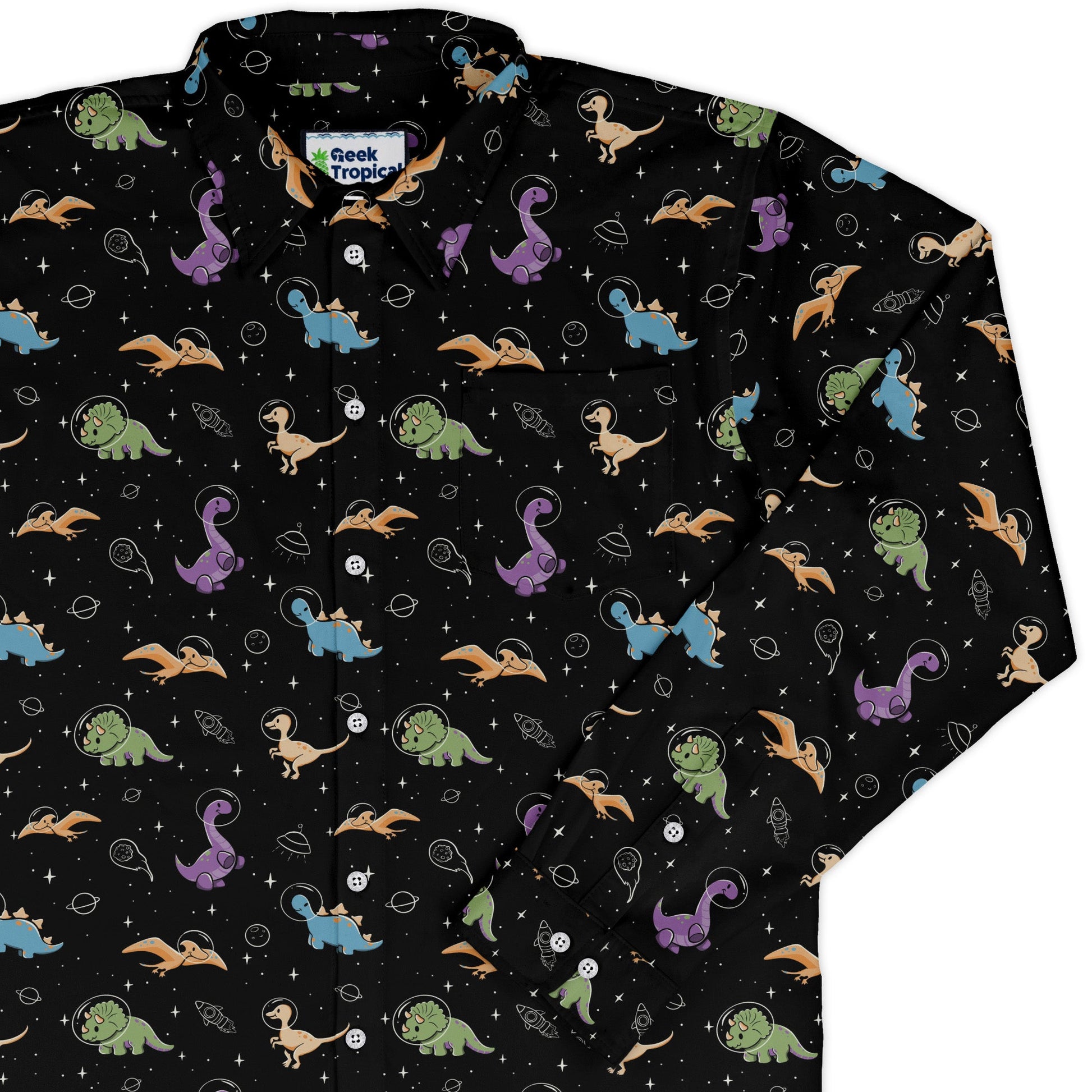 Dinostellar Space Dinosaurs Long Sleeve Button Up Shirt Geek Nerd 0925 adult sizing All Adult Button Up Shirts