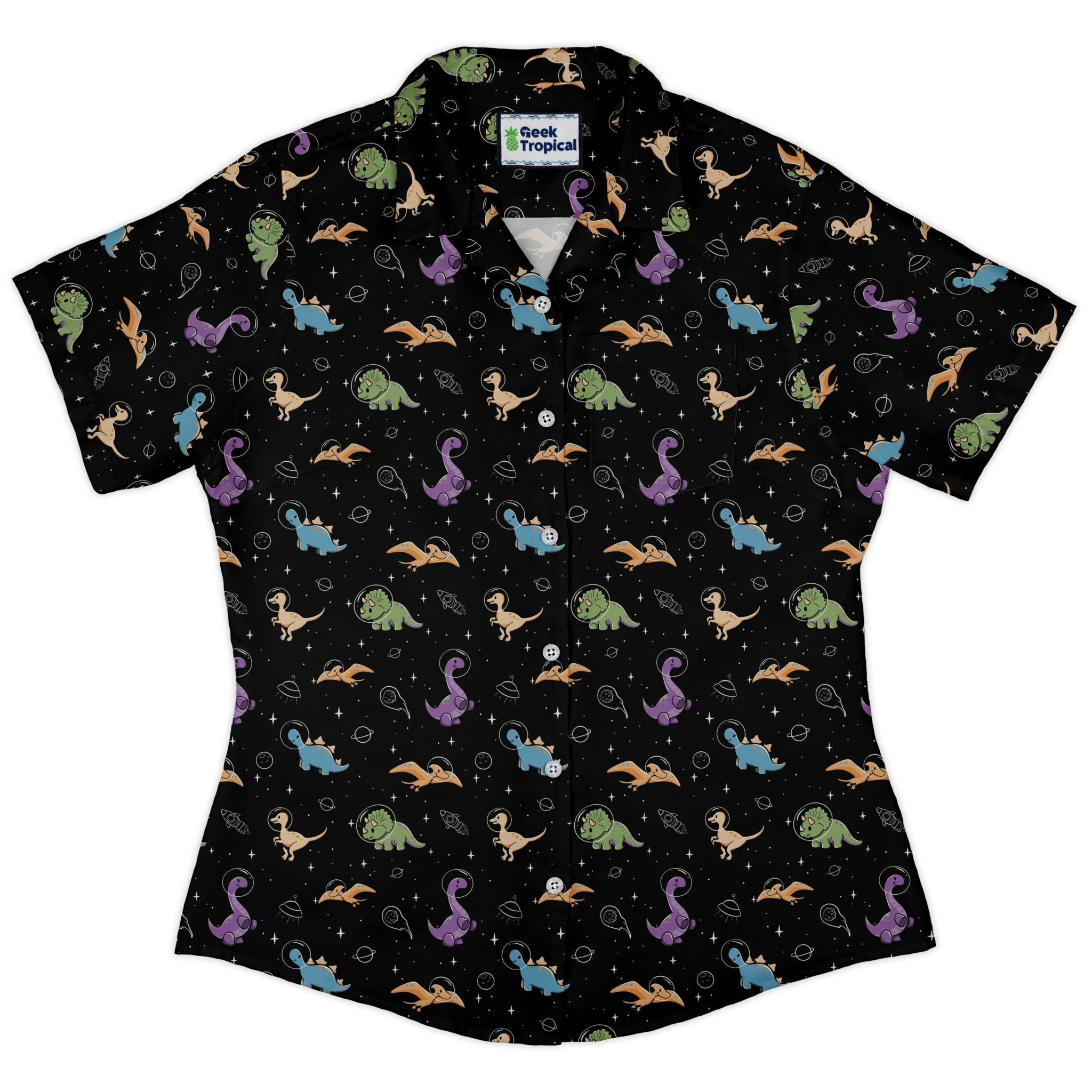 Dinostellar Space Dinosaurs Curvy Button Up Shirt Geek Nerd 0925 All Adult Button Up Shirts Design by Tobe Fonseca