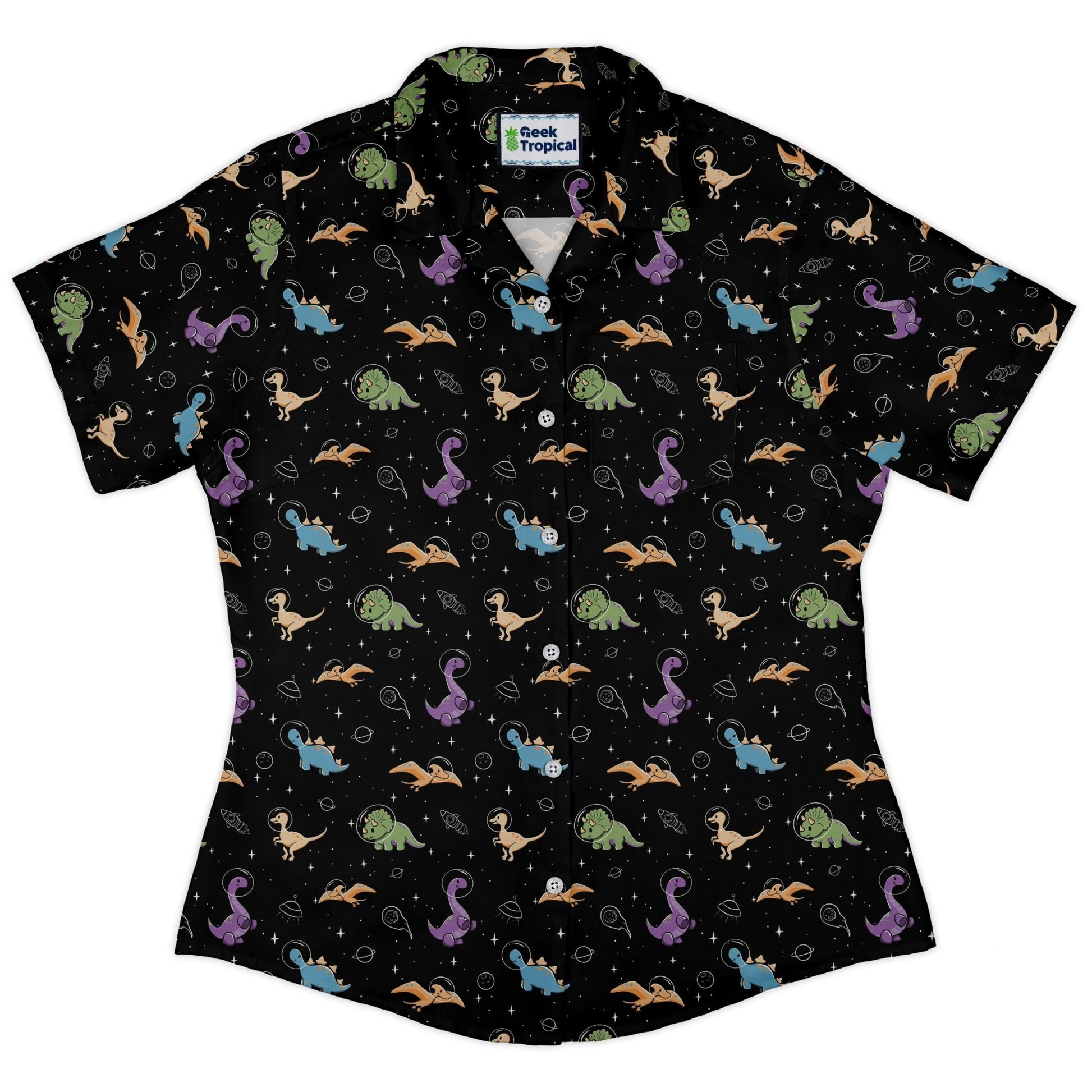 Dinostellar Space Dinosaurs Curvy Button Up Shirt Geek Nerd 0925 All Adult Button Up Shirts Design by Tobe Fonseca
