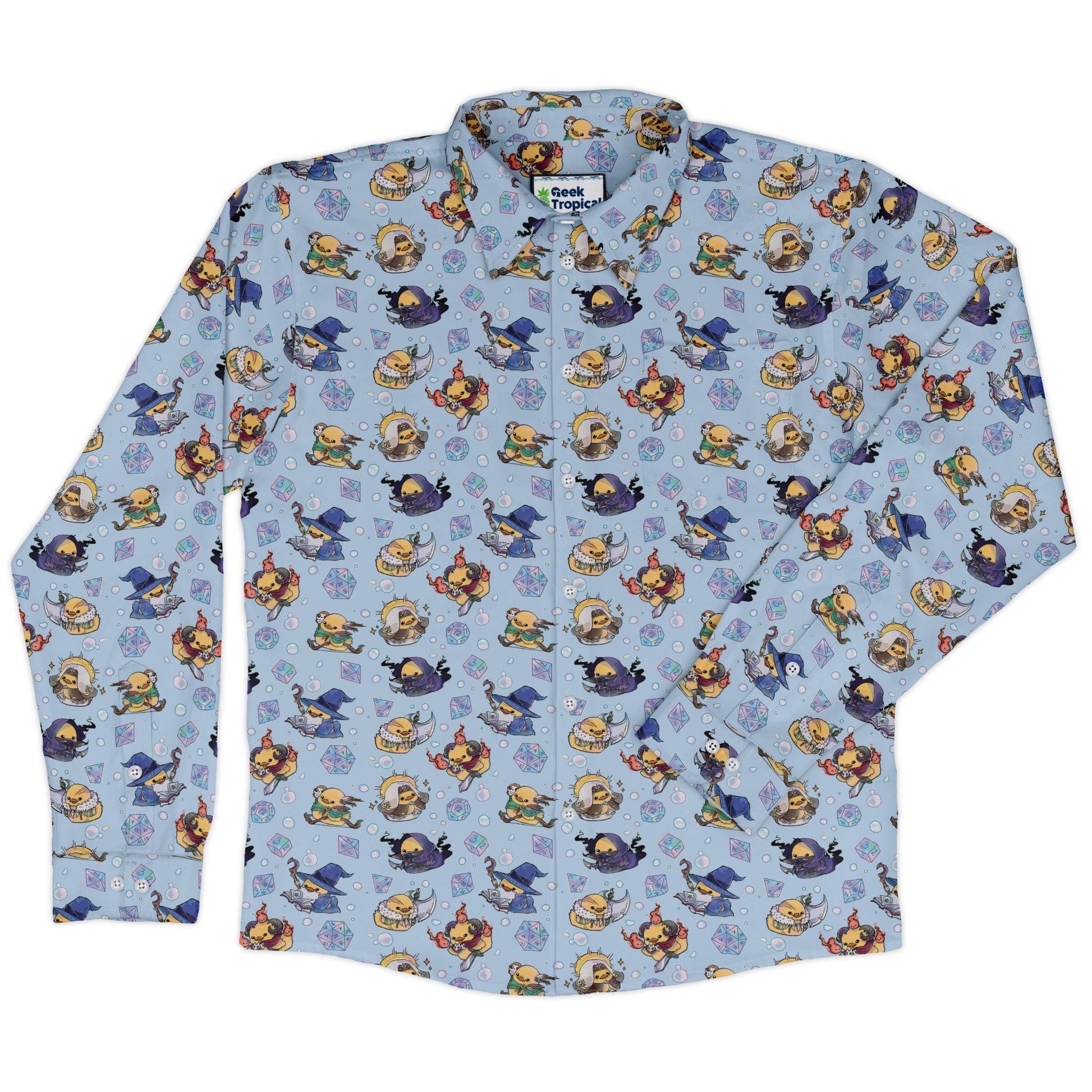 DnD Classes Rubber Ducks Long Sleeve Button Up Shirt Geek Nerd adult sizing Design by Ardi Tong dnd & rpg print