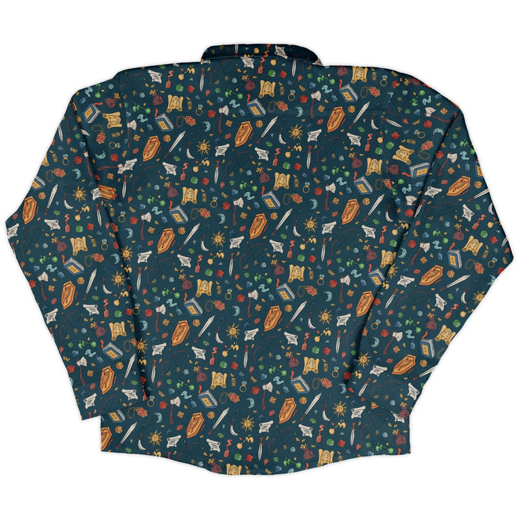 Dnd Adventure Long Sleeve Button Up Shirt Geek Nerd adult sizing dnd & rpg print FLOW DESC WRITING