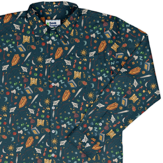 Dnd Adventure Long Sleeve Button Up Shirt Geek Nerd adult sizing dnd & rpg print FLOW DESC WRITING