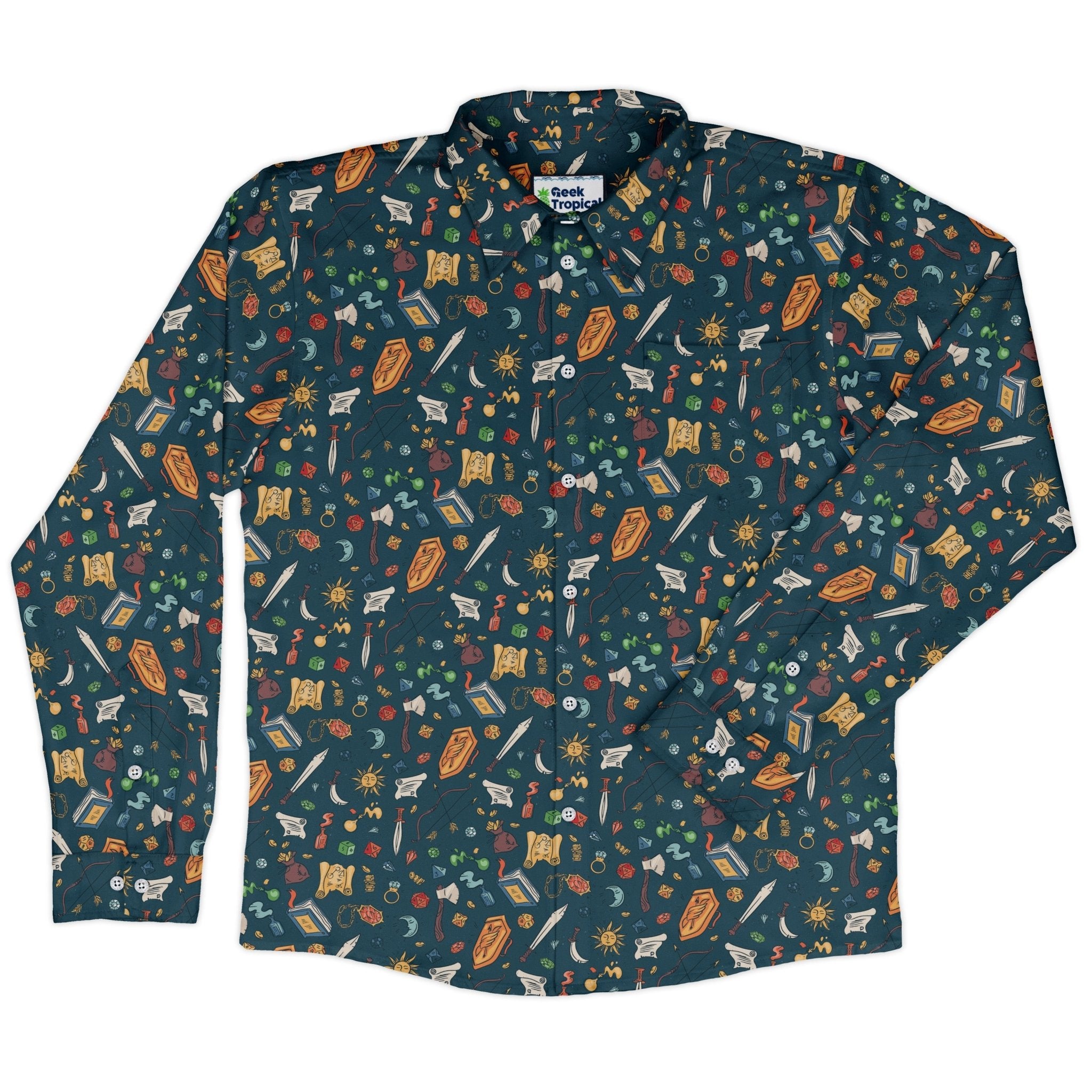 Dnd Adventure Long Sleeve Button Up Shirt Geek Nerd adult sizing dnd & rpg print FLOW DESC WRITING