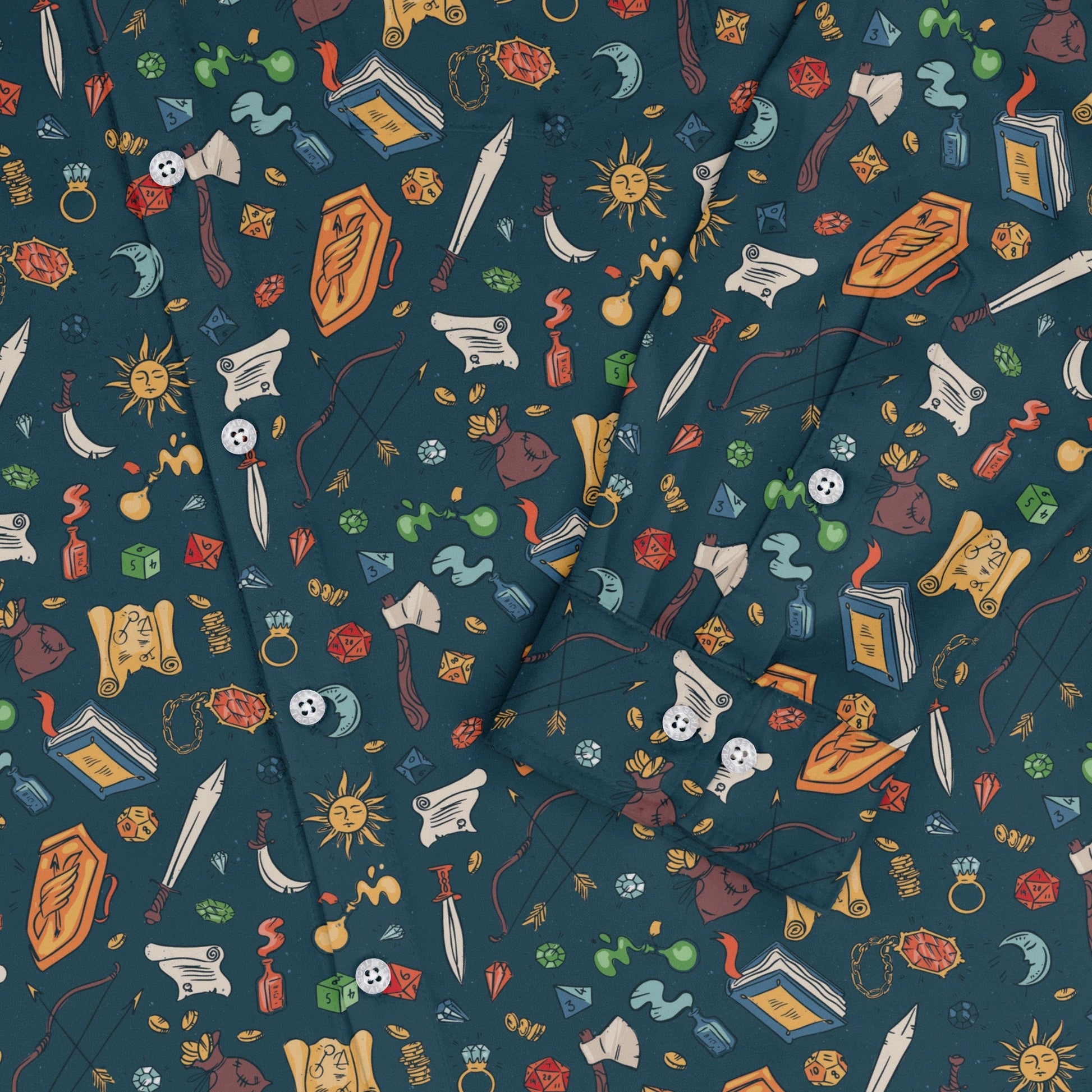 Dnd Adventure Long Sleeve Button Up Shirt Geek Nerd adult sizing dnd & rpg print FLOW DESC WRITING