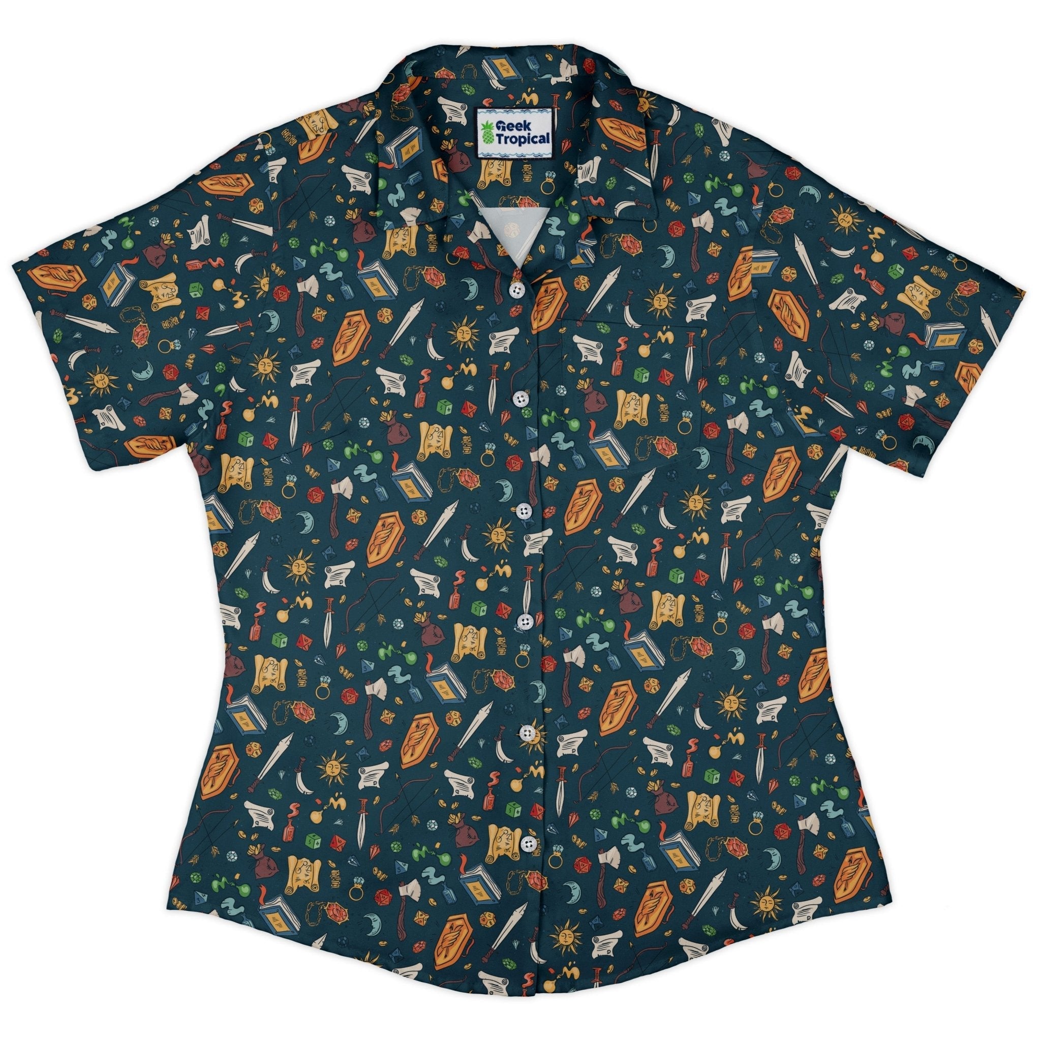 Clearance Ready - to - Ship Dnd Adventure Curvy Button Up Shirt Geek Nerd Clearance dnd & rpg print Ready - to - Ship